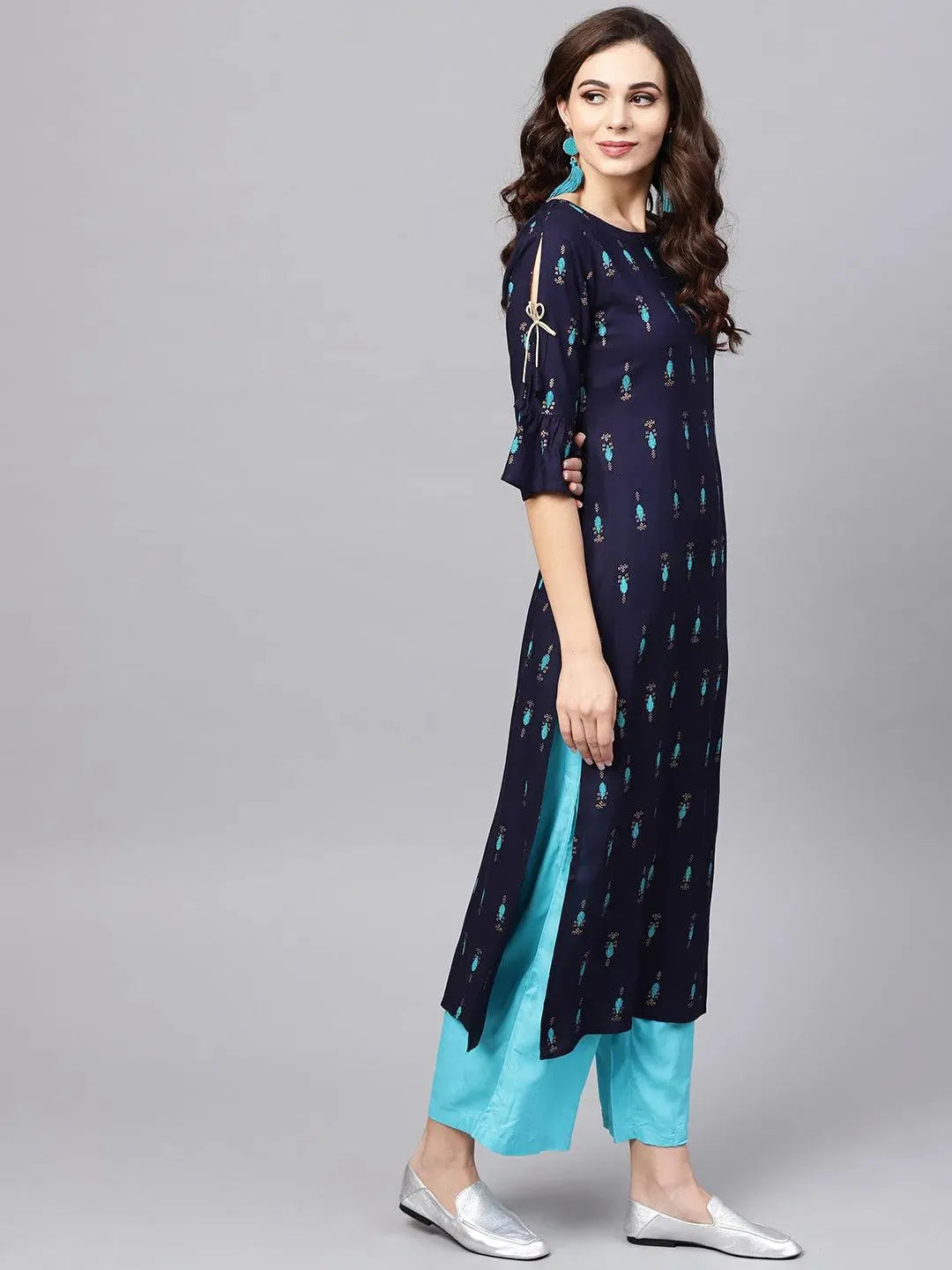 Anouk Blue Printed Rayon Straight Kurta With Palazzos