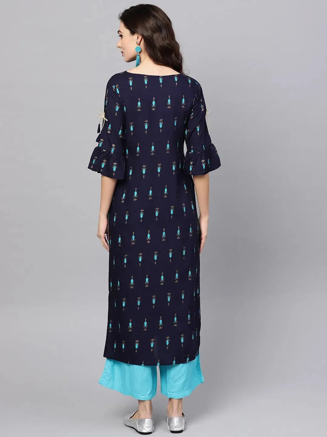 Anouk Blue Printed Rayon Straight Kurta With Palazzos