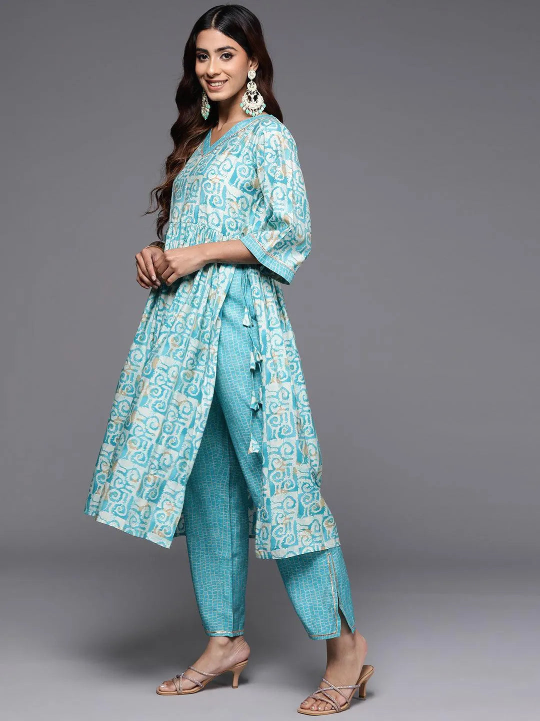 Anouk Blue Printed Silk Blend A-Line Kurta With Palazzos & Dupatta