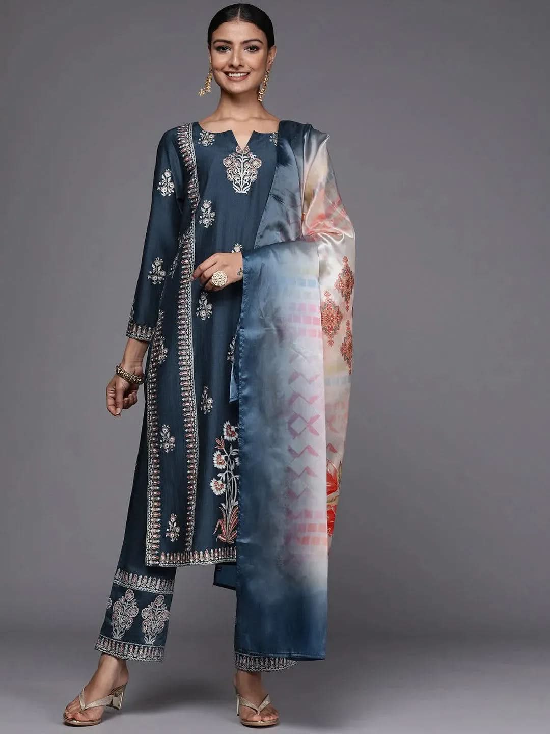 Anouk Blue Printed Silk Blend Straight Kurta With Dupatta