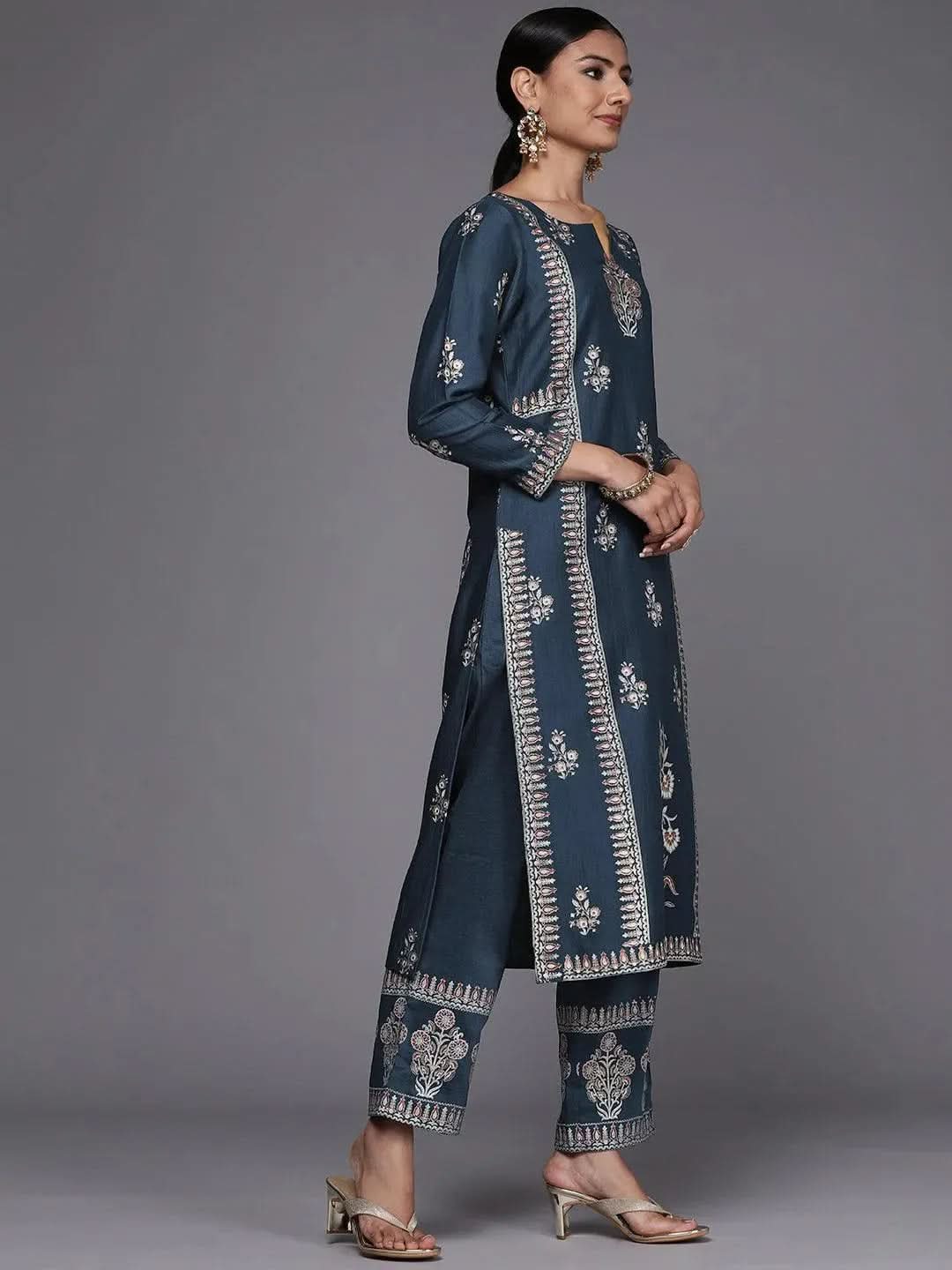 Anouk Blue Printed Silk Blend Straight Kurta With Dupatta