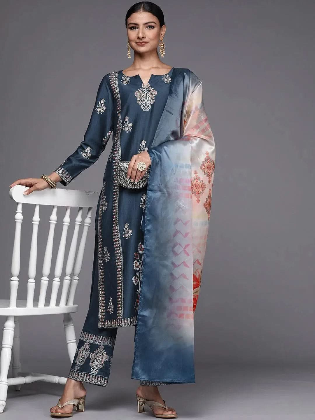 Anouk Blue Printed Silk Blend Straight Kurta With Dupatta