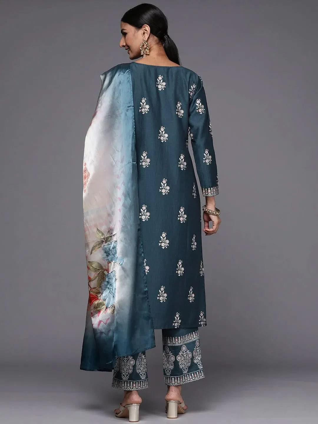 Anouk Blue Printed Silk Blend Straight Kurta With Dupatta