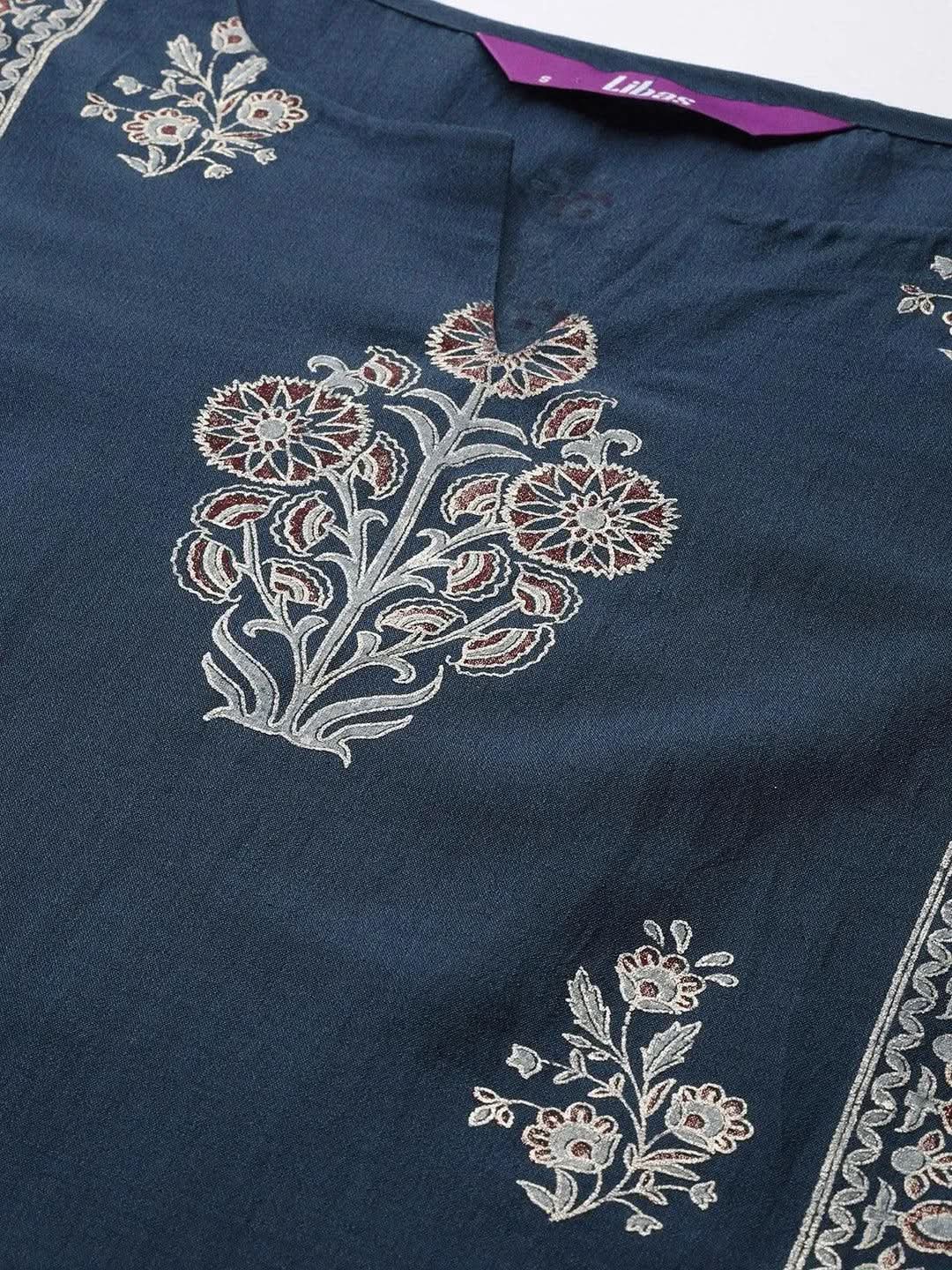 Anouk Blue Printed Silk Blend Straight Kurta With Dupatta