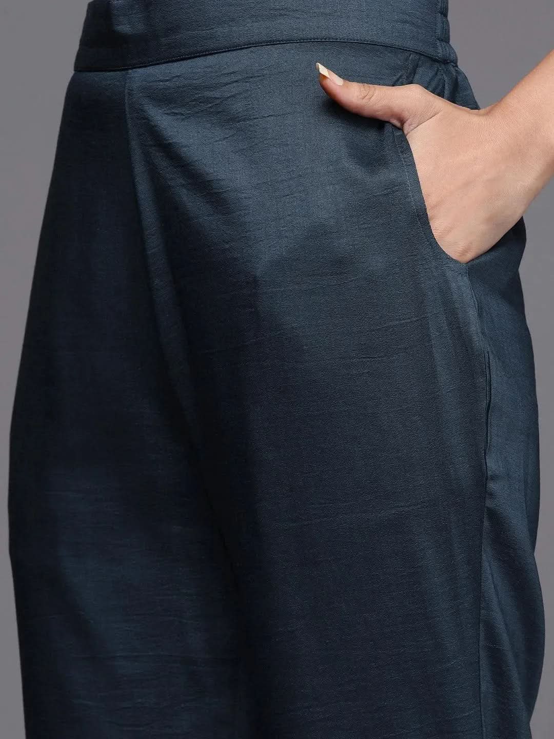 Anouk Blue Printed Silk Blend Straight Kurta With Dupatta