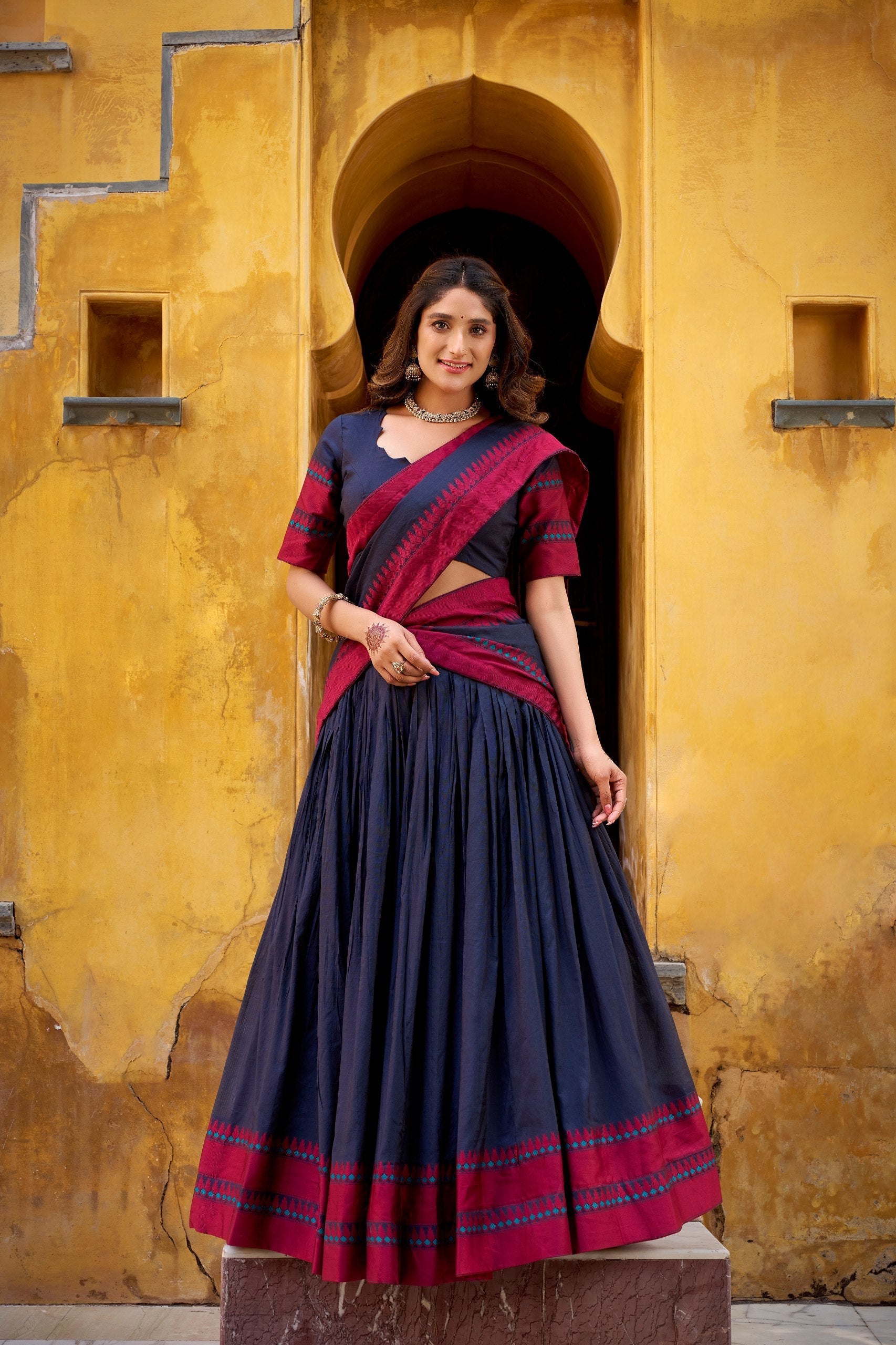 Blue Pure Chanderi Thread Work Lehenga Choli Set with Matching Dupatta – 4 Meter Flair, Stitched Lehenga & Unstitched Blouse