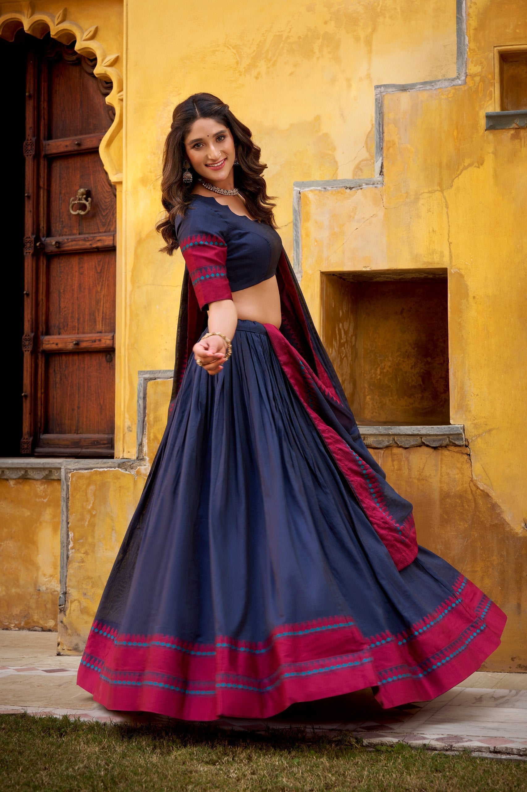 Blue Pure Chanderi Thread Work Lehenga Choli Set with Matching Dupatta – 4 Meter Flair, Stitched Lehenga & Unstitched Blouse