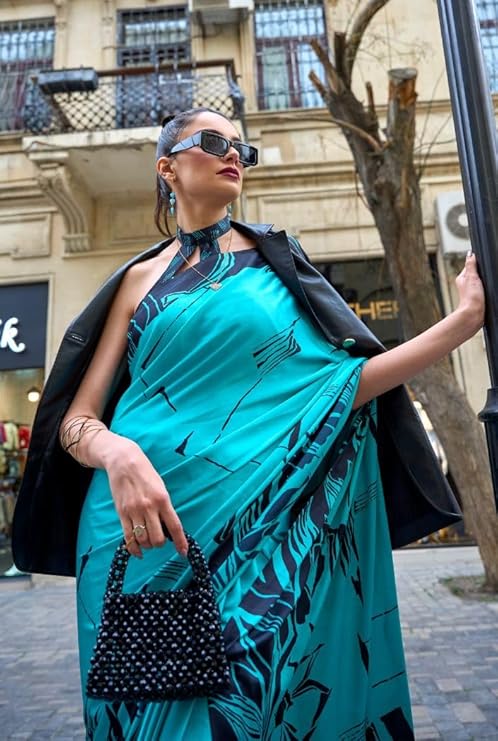 Blue Queen Digital Printed Satin Crepe Saree with Blouse Piece – Festive & Partywear