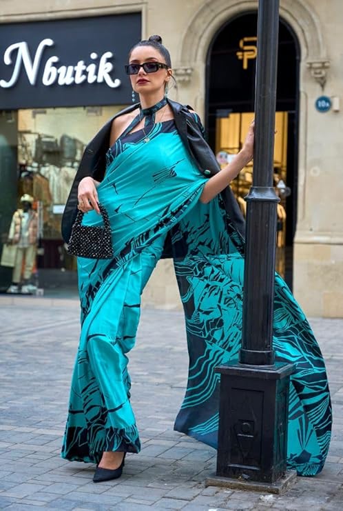 Blue Queen Digital Printed Satin Crepe Saree with Blouse Piece – Festive & Partywear