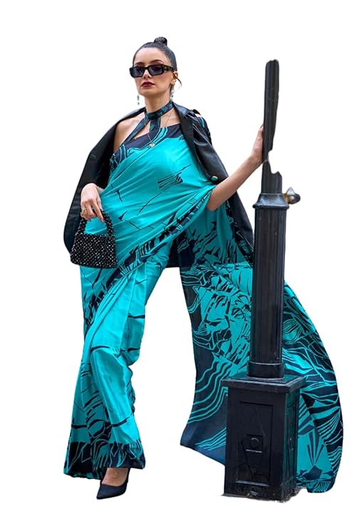 Blue Queen Digital Printed Satin Crepe Saree with Blouse Piece – Festive & Partywear