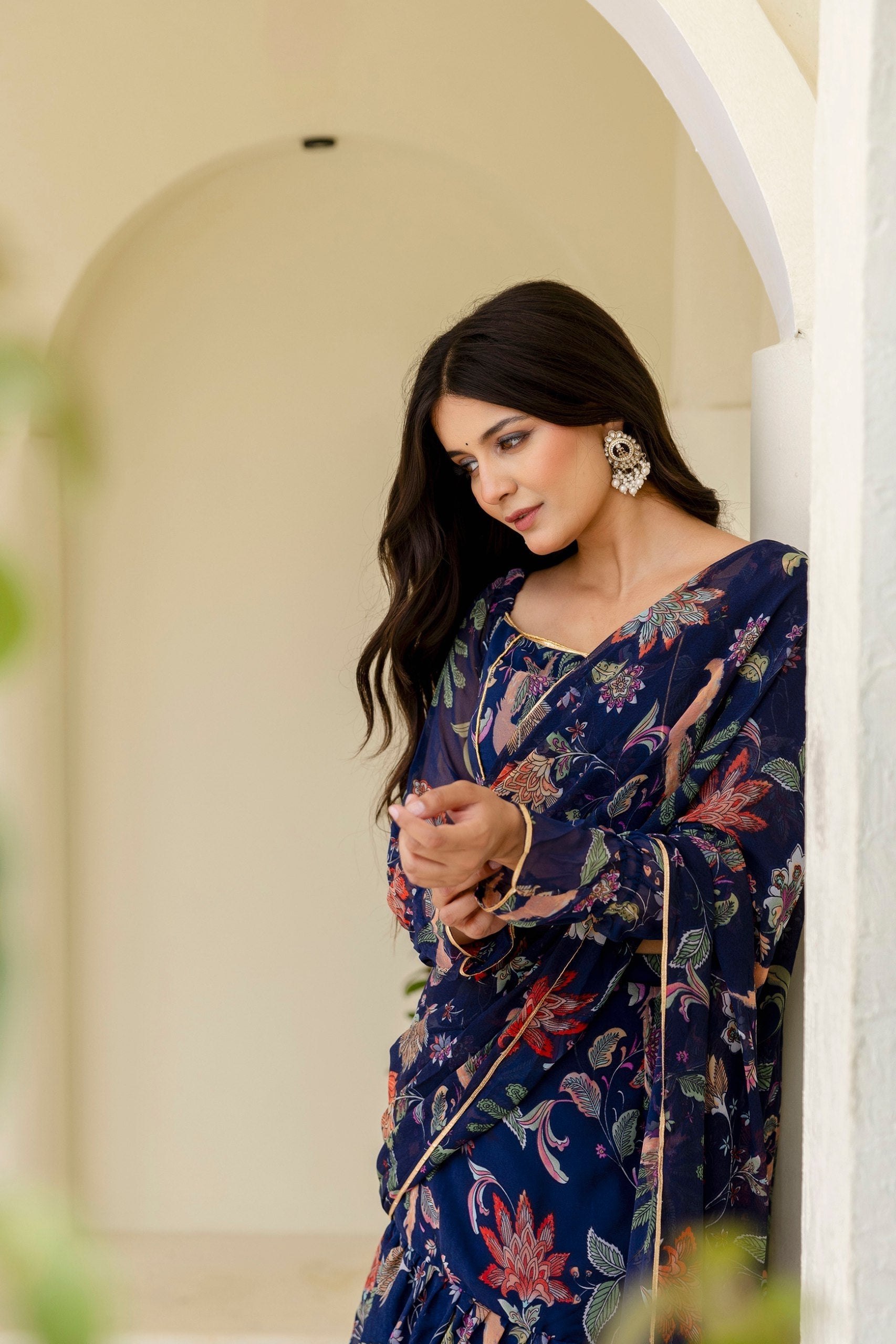 Blue Ready-to-Wear Georgette 3-Layer Ruffle Saree with Floral Digital Print & Lace Border  Stitched Blouse Included