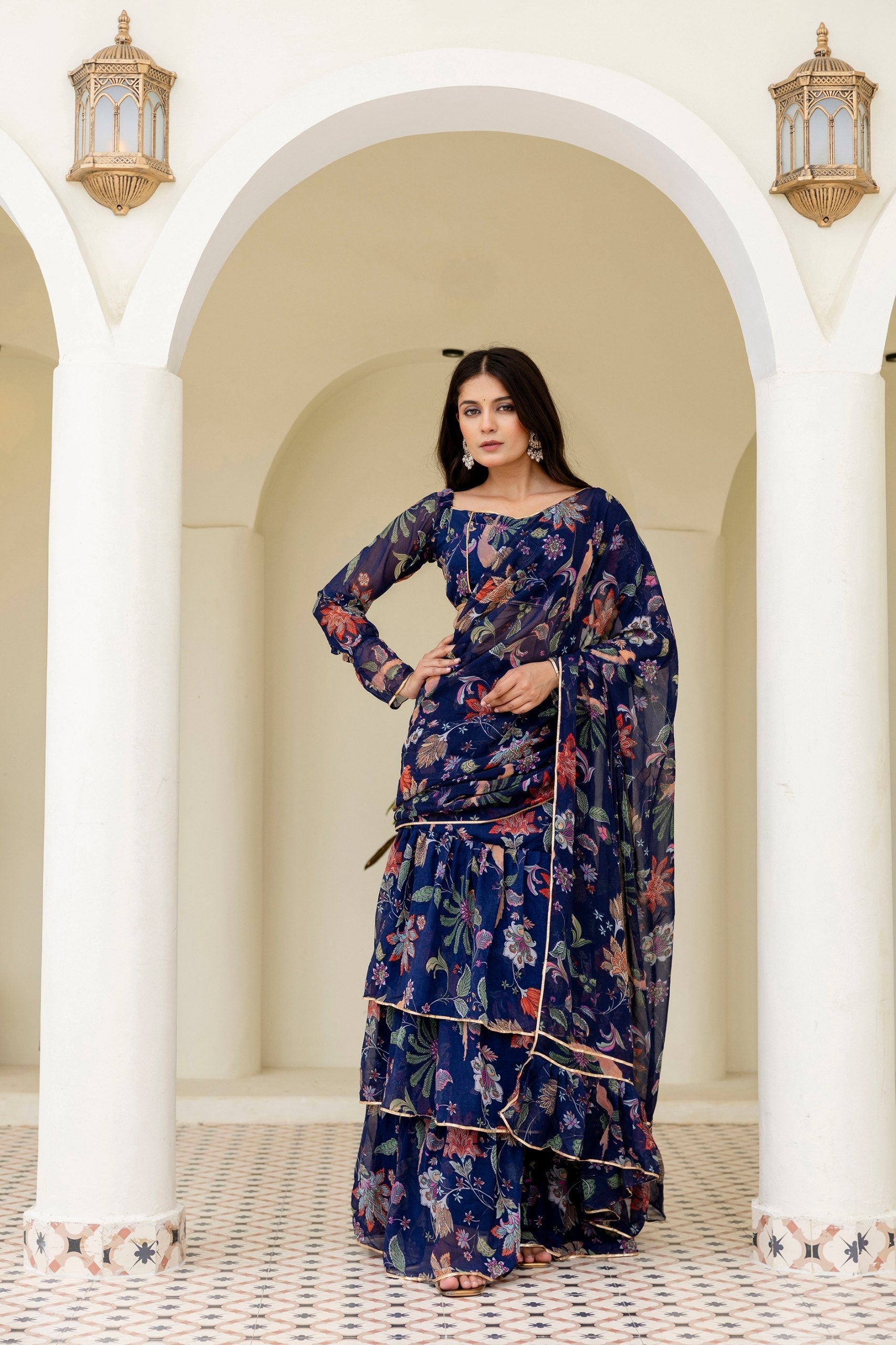 Blue Ready-to-Wear Georgette 3-Layer Ruffle Saree with Floral Digital Print & Lace Border  Stitched Blouse Included