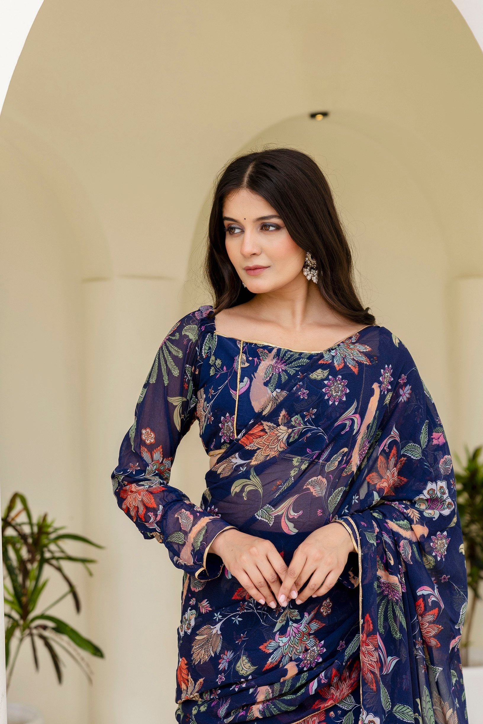 Blue Ready-to-Wear Georgette 3-Layer Ruffle Saree with Floral Digital Print & Lace Border  Stitched Blouse Included