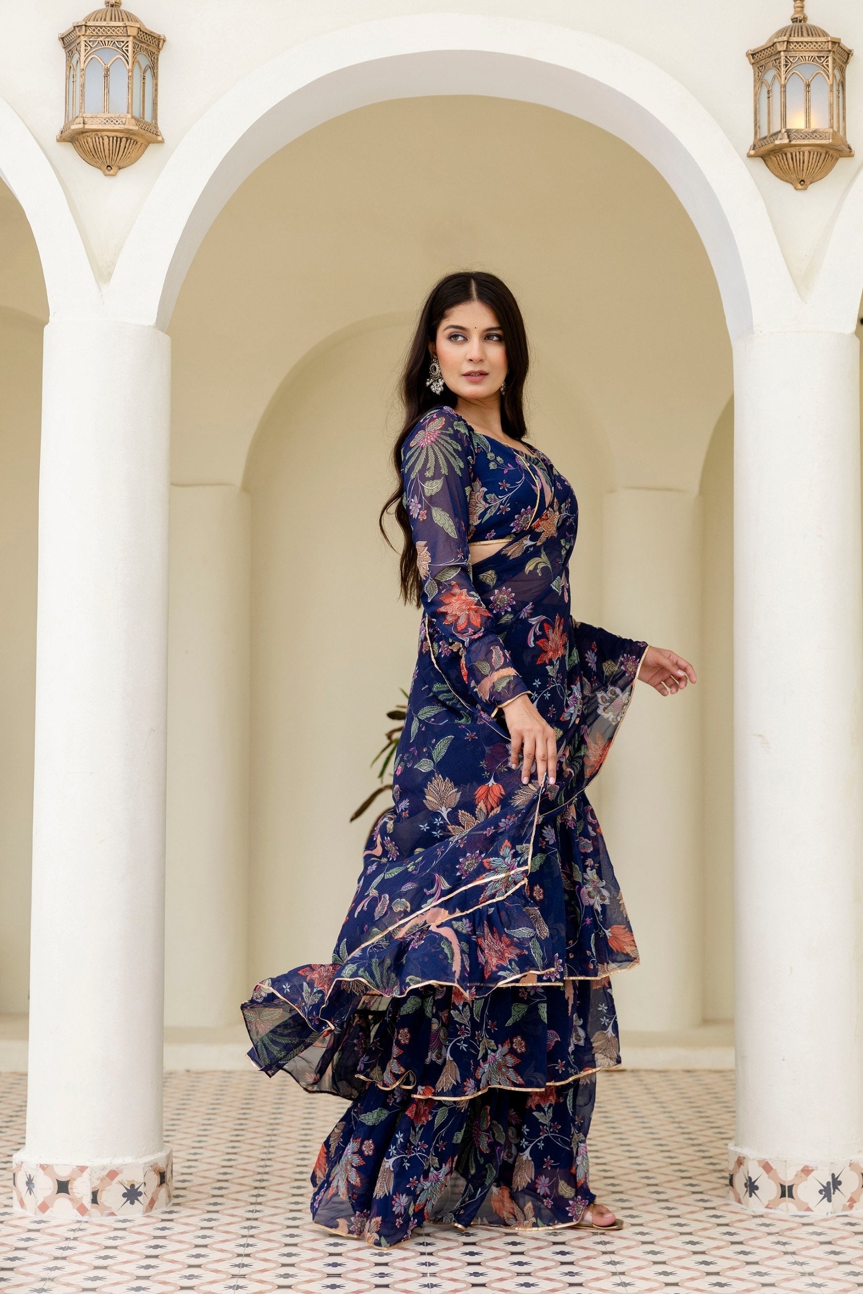 Blue Ready-to-Wear Georgette 3-Layer Ruffle Saree with Floral Digital Print & Lace Border  Stitched Blouse Included