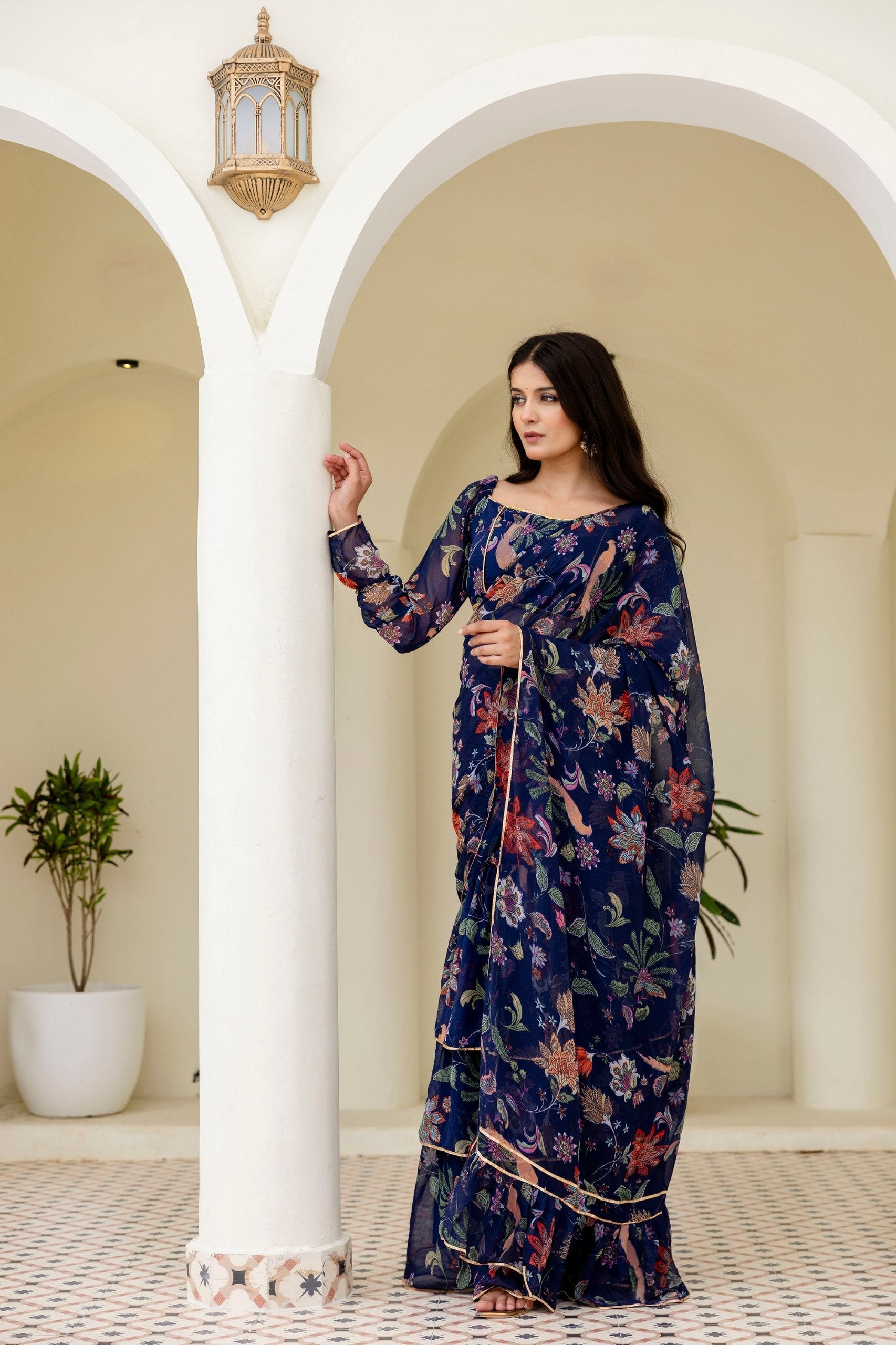 Blue Ready-to-Wear Georgette 3-Layer Ruffle Saree with Floral Digital Print & Lace Border  Stitched Blouse Included