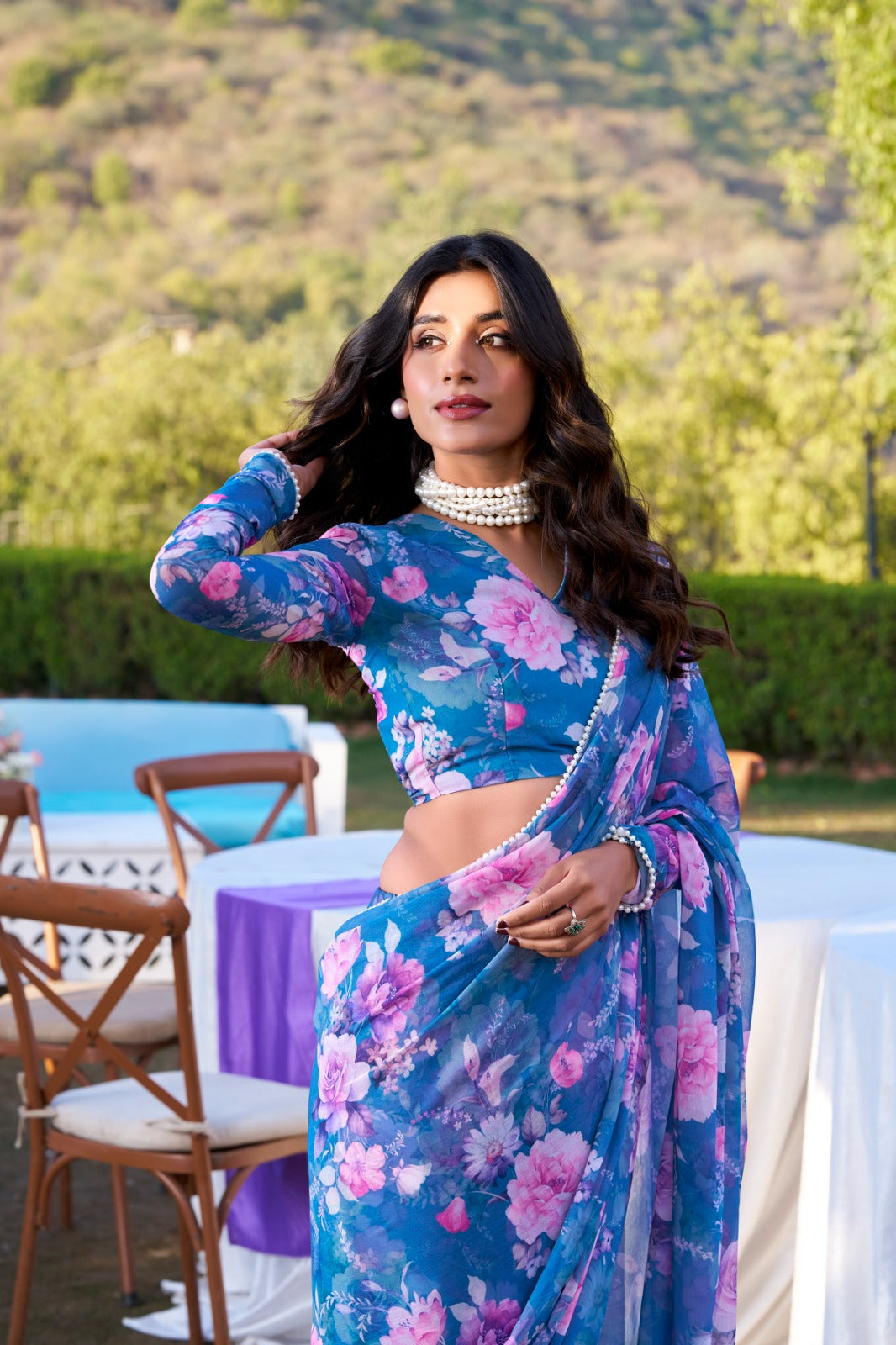 Blue Refined Beauty Weightless Marble Printed Saree with Pearl Lace Border
