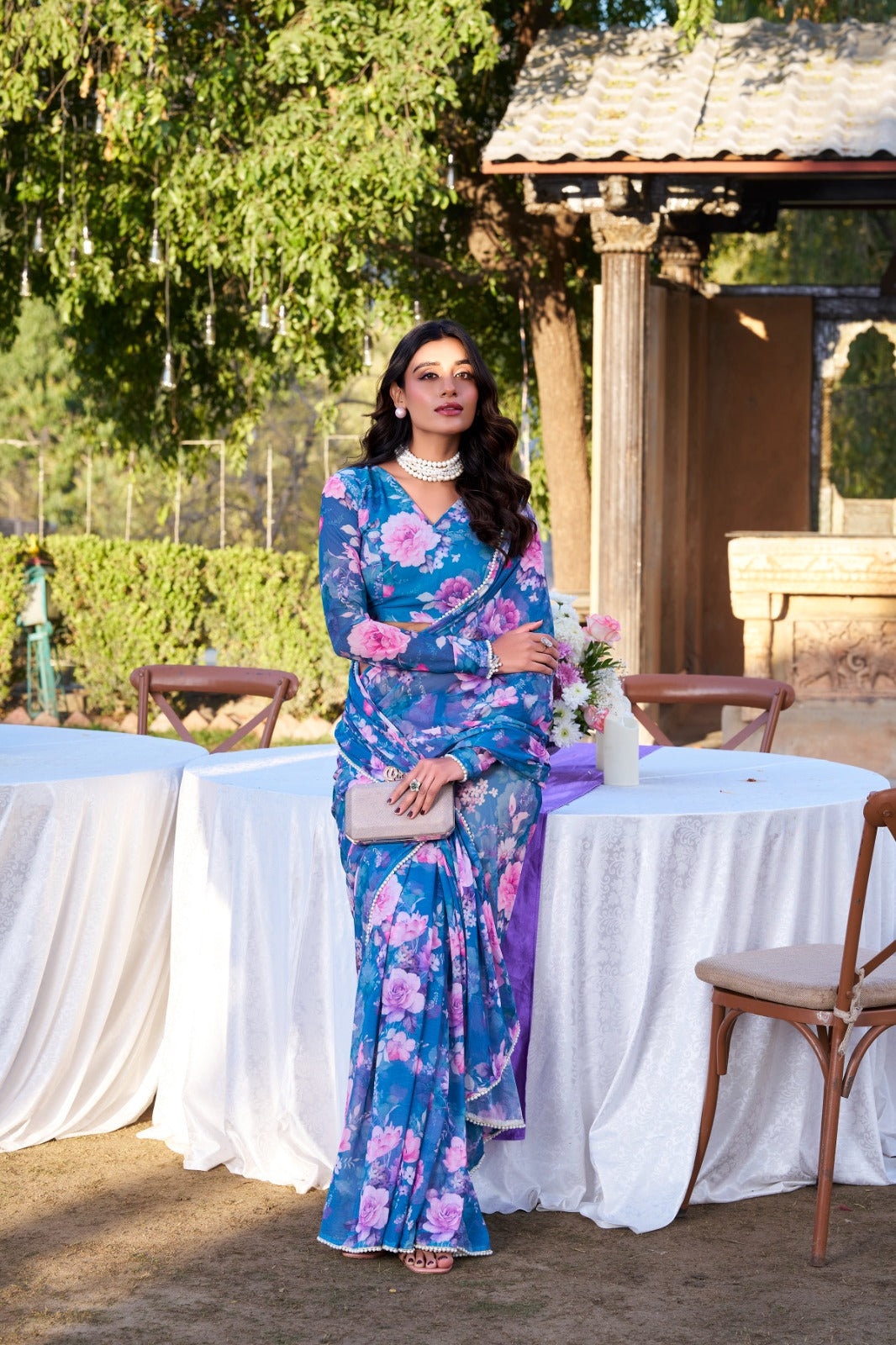 Blue Refined Beauty Weightless Marble Printed Saree with Pearl Lace Border