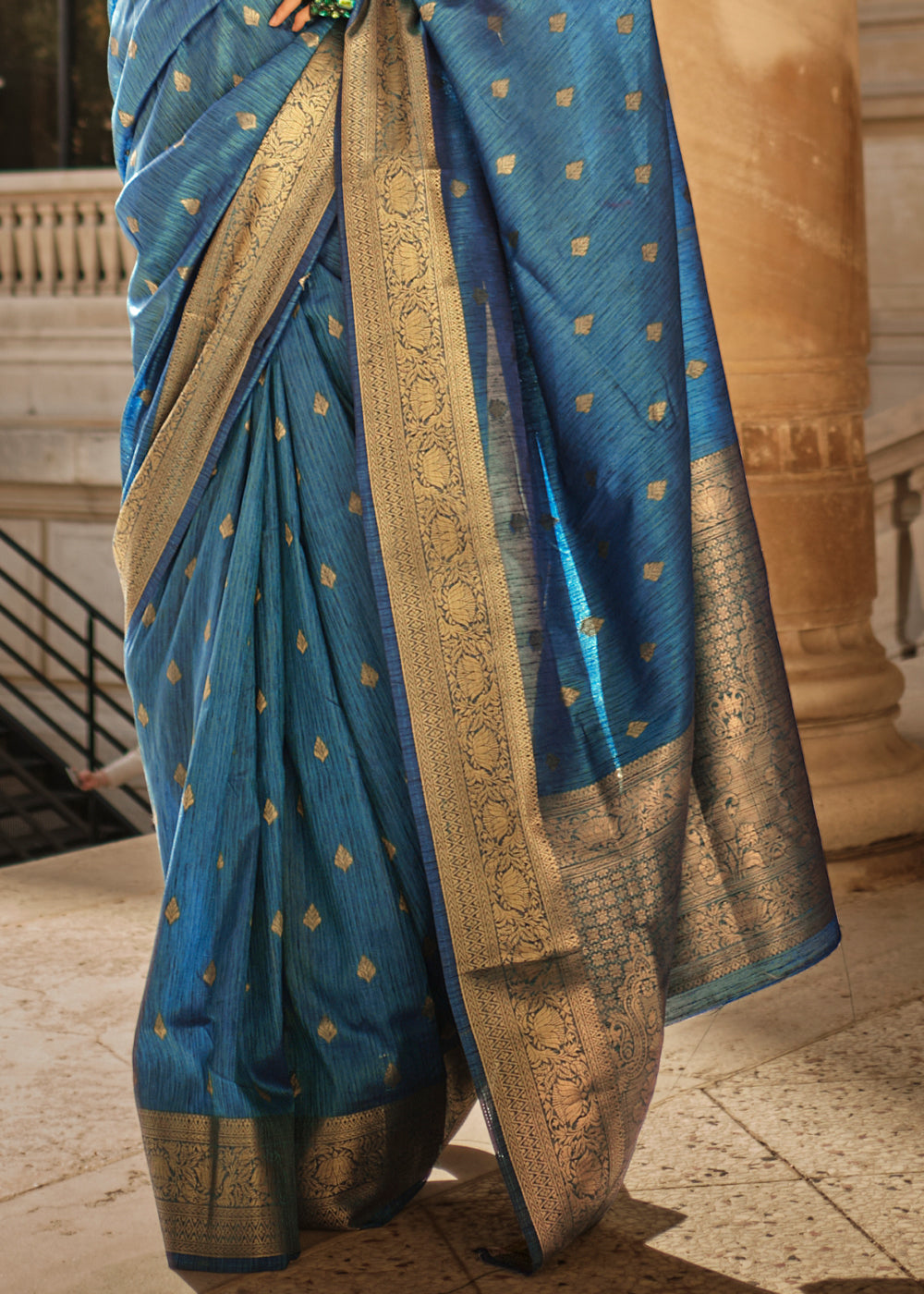 Blue Regal Banarasi Blended Silk Saree with Intricate Timeless Design & Unstitched Blouse