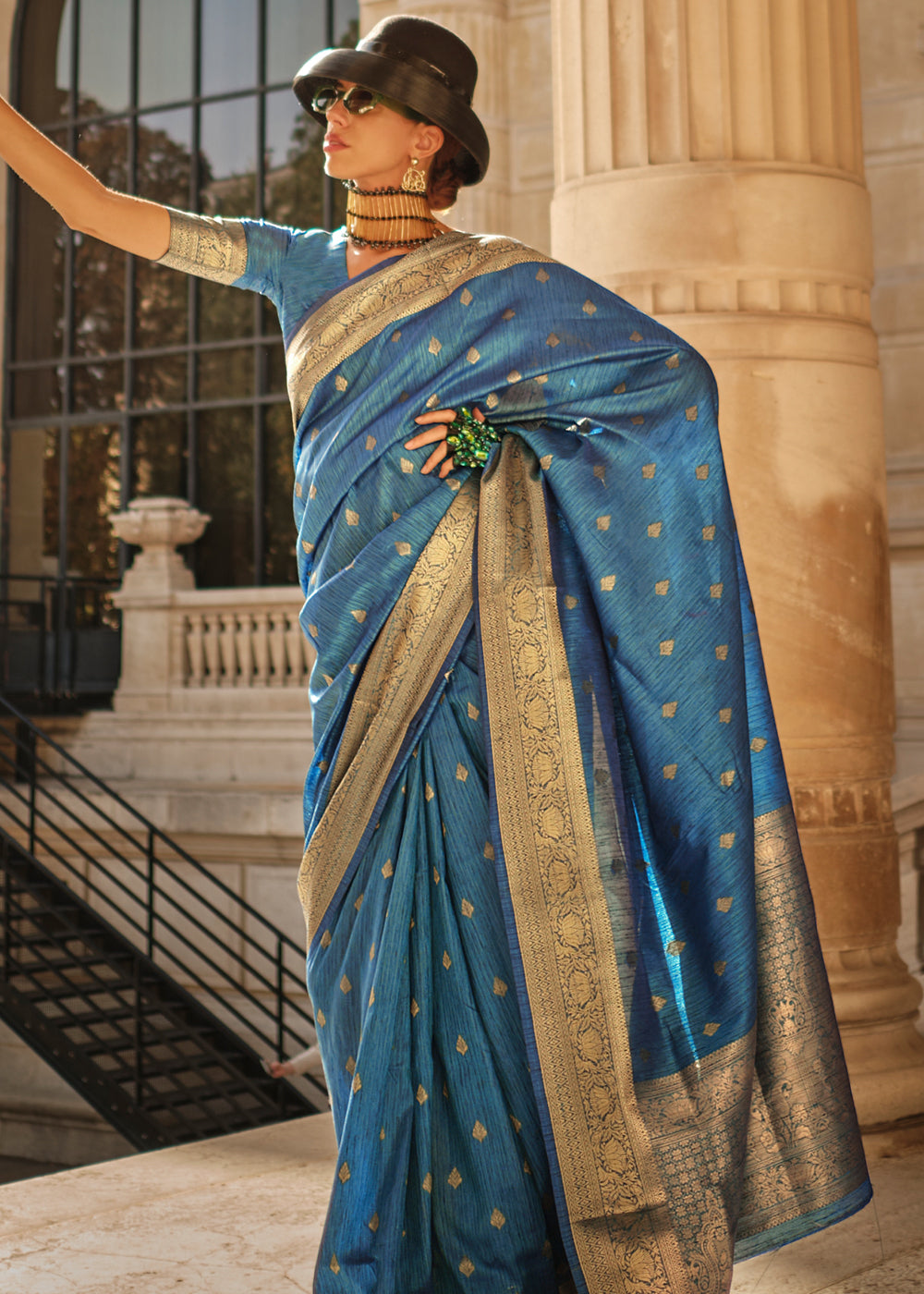 Blue Regal Banarasi Blended Silk Saree with Intricate Timeless Design & Unstitched Blouse