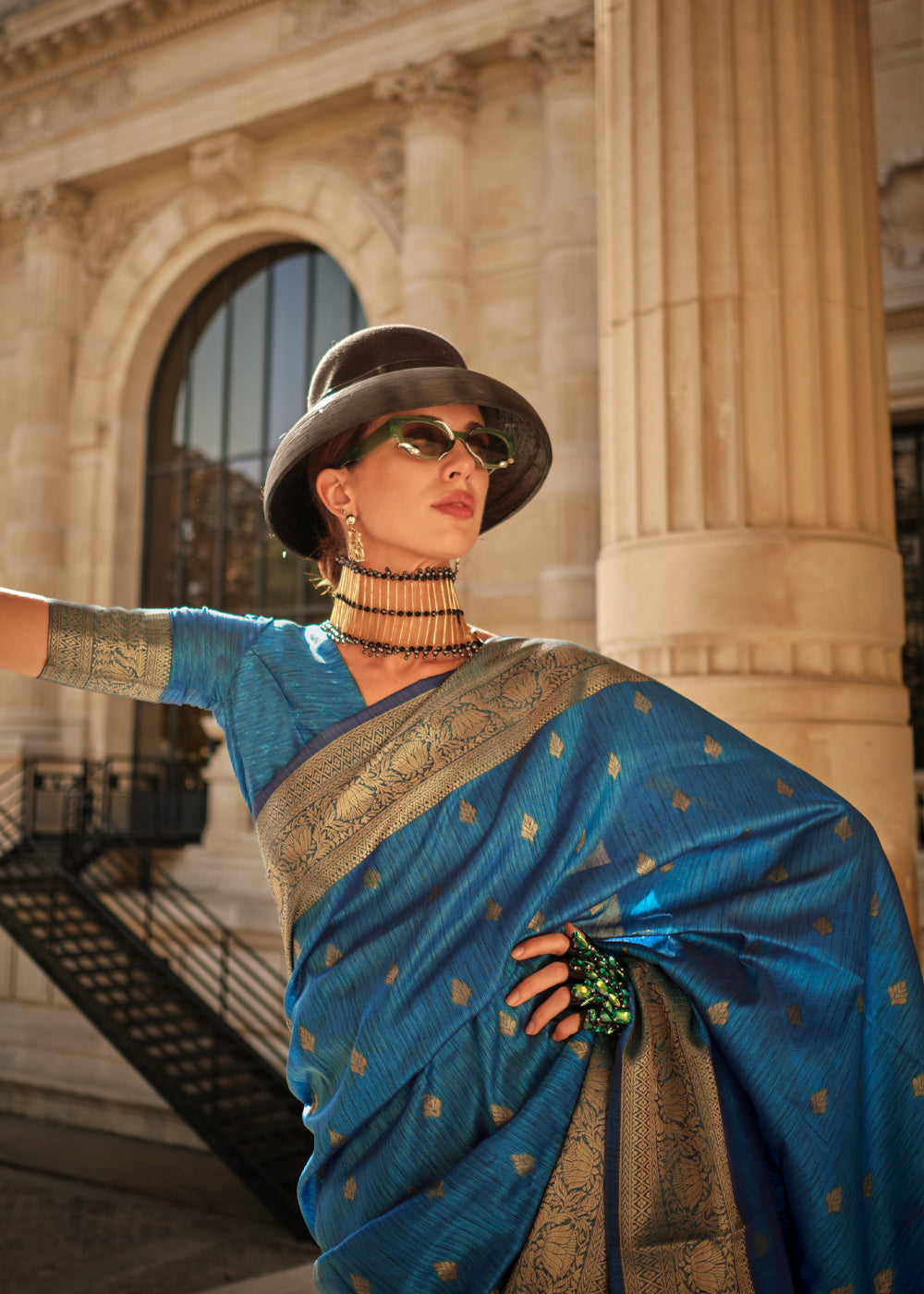 Blue Regal Banarasi Blended Silk Saree with Intricate Timeless Design & Unstitched Blouse