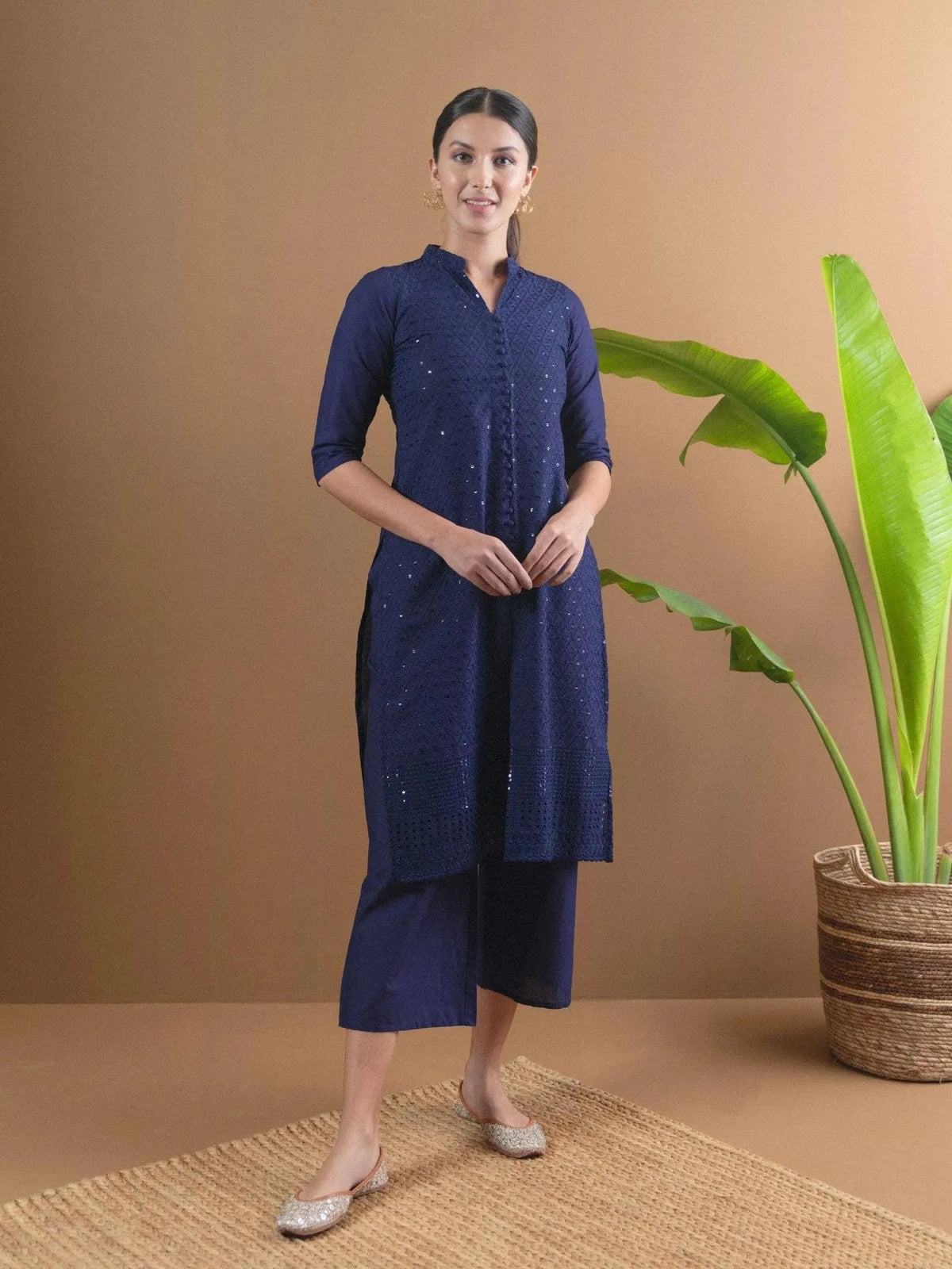 Anouk Blue Schiffli Cotton Straight Kurta With Palazzos