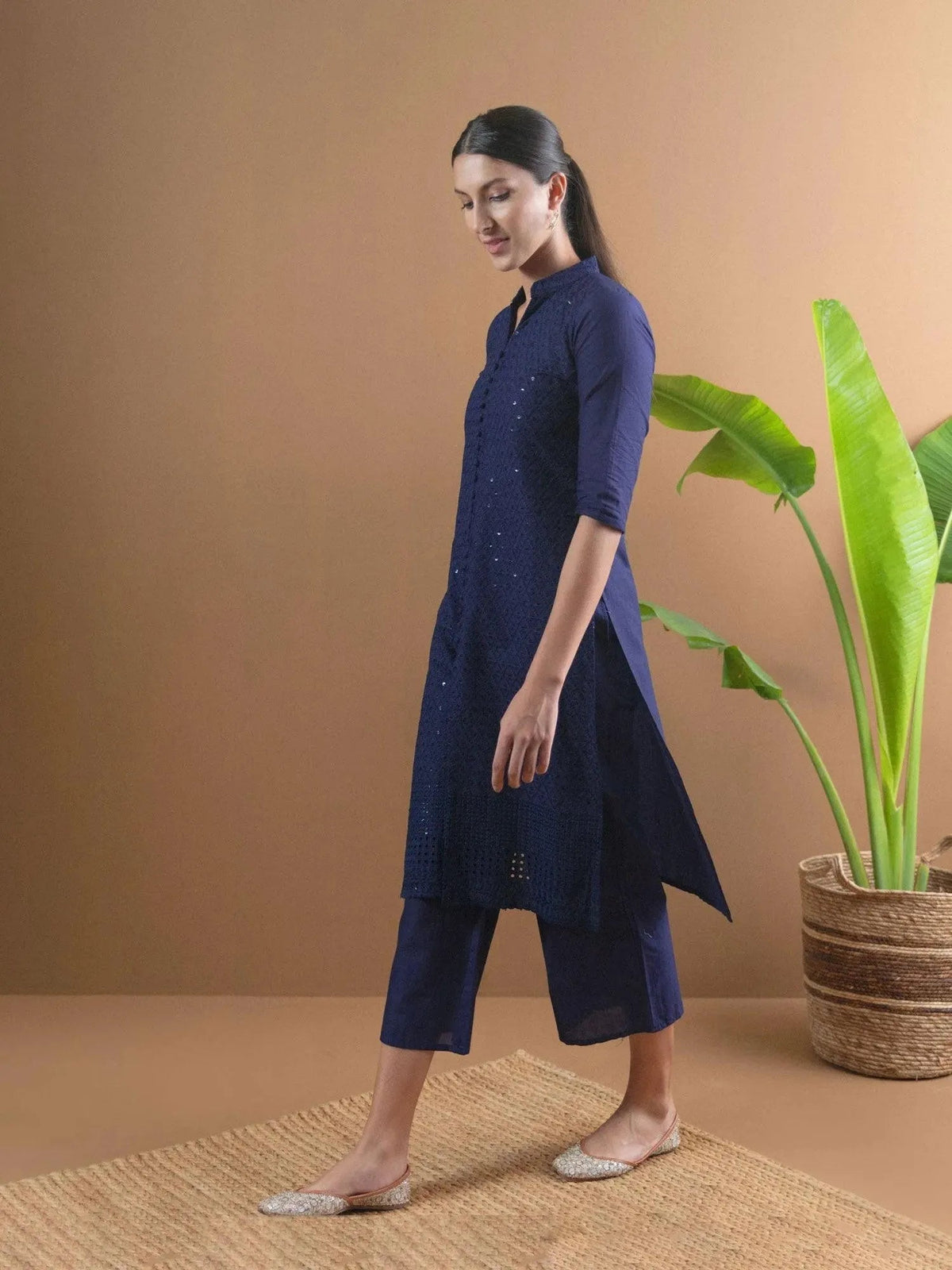 Anouk Blue Schiffli Cotton Straight Kurta With Palazzos
