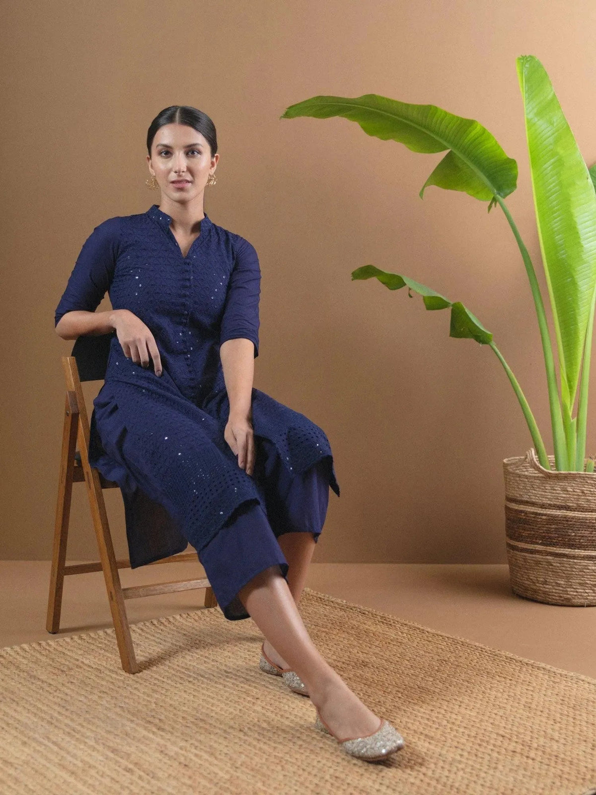 Anouk Blue Schiffli Cotton Straight Kurta With Palazzos