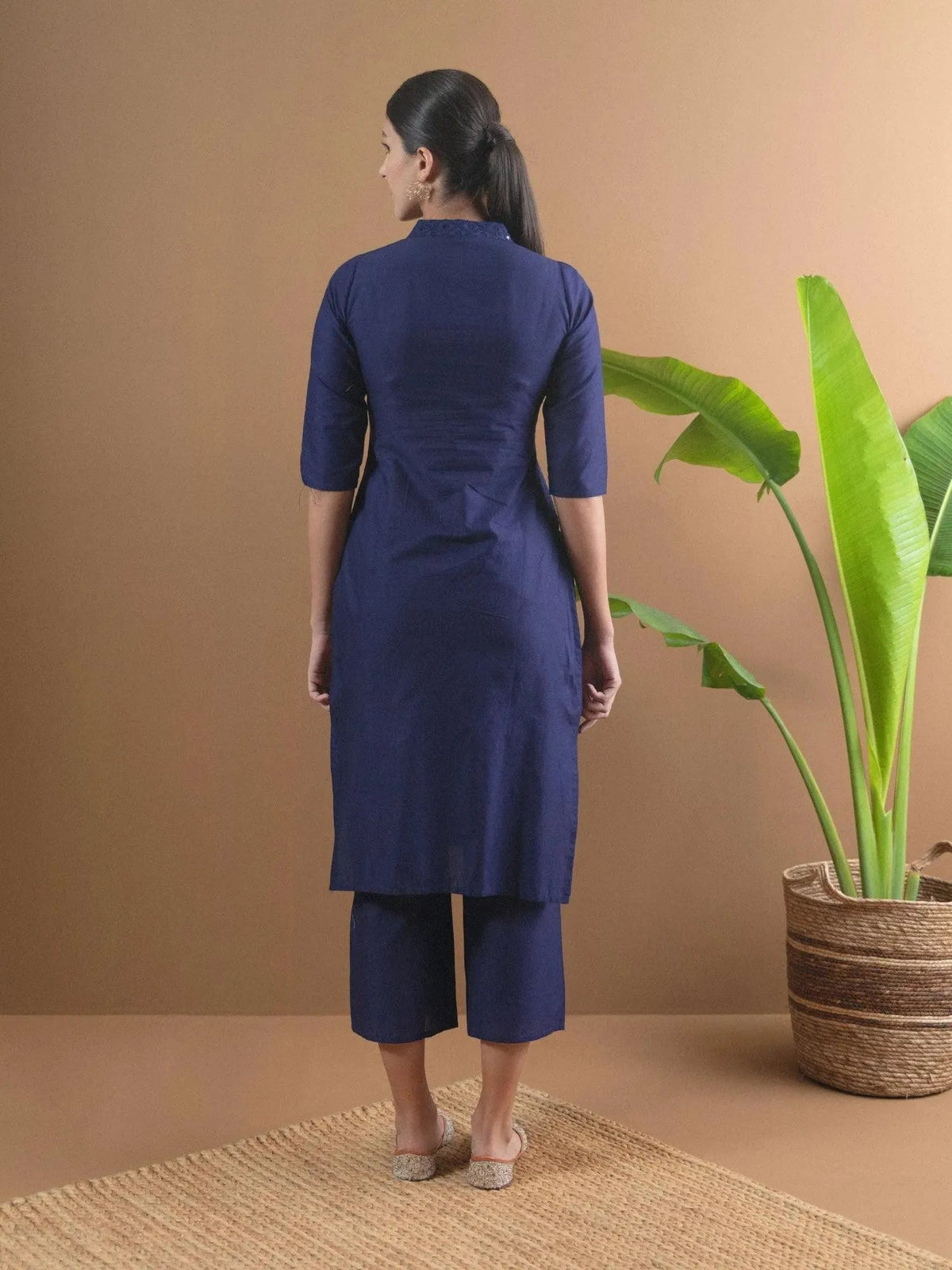 Anouk Blue Schiffli Cotton Straight Kurta With Palazzos