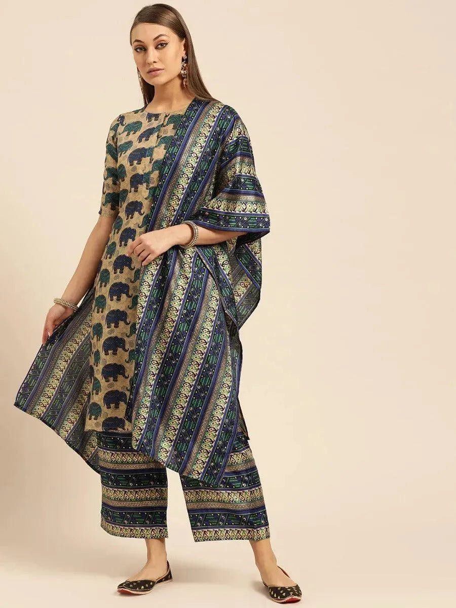 Anouk Blue Self Design Chanderi Silk Straight Kurta With Palazzos & Dupatta