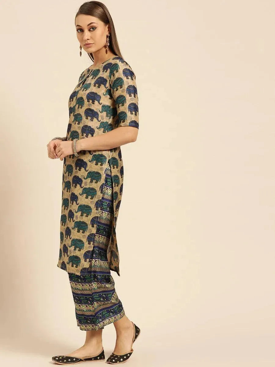 Anouk Blue Self Design Chanderi Silk Straight Kurta With Palazzos & Dupatta