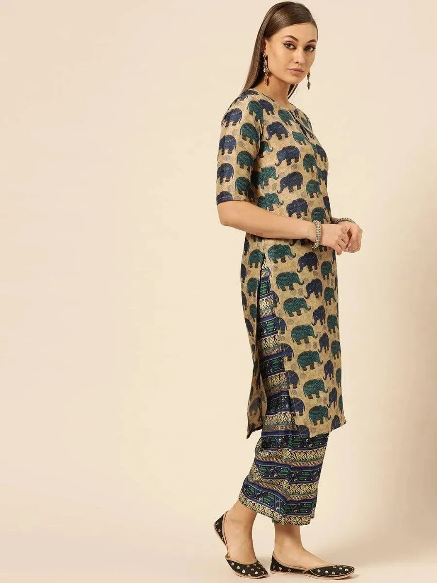 Anouk Blue Self Design Chanderi Silk Straight Kurta With Palazzos & Dupatta