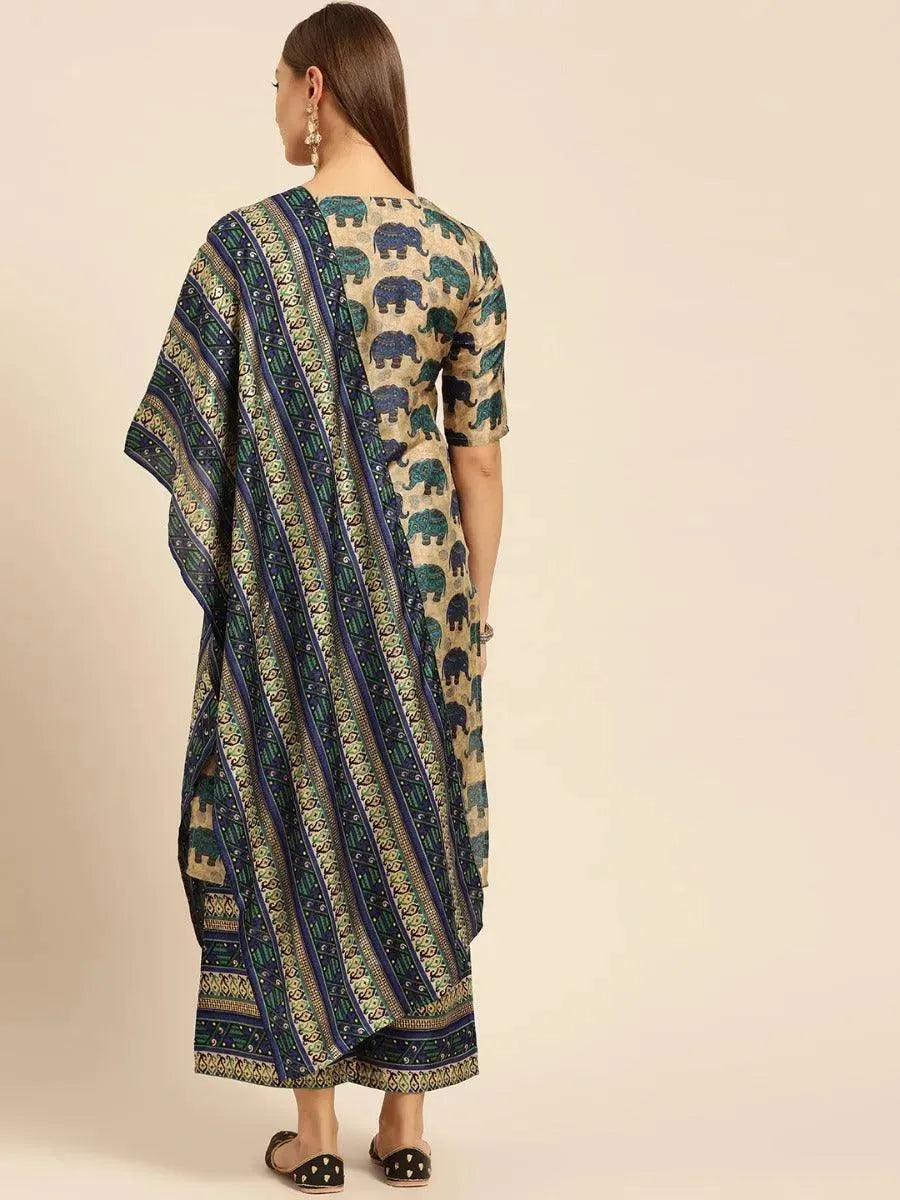 Anouk Blue Self Design Chanderi Silk Straight Kurta With Palazzos & Dupatta