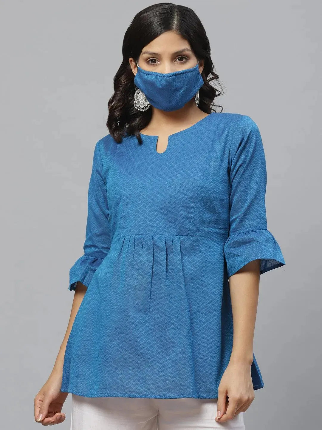 Anouk Blue Self Design Cotton Kurti With Mask