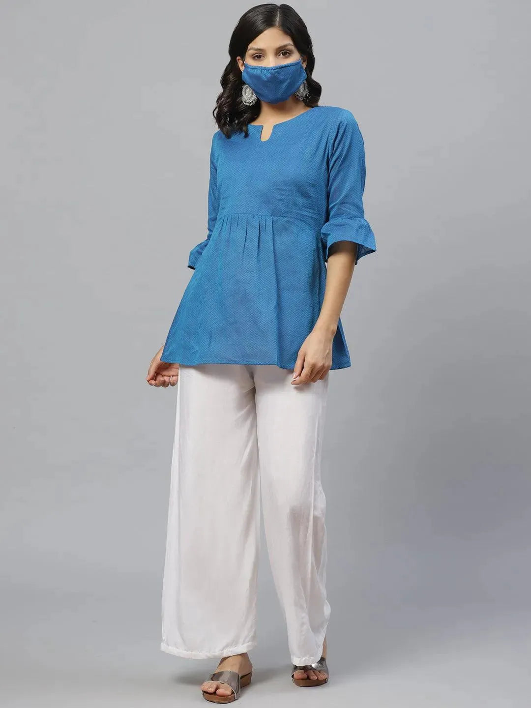 Anouk Blue Self Design Cotton Kurti With Mask