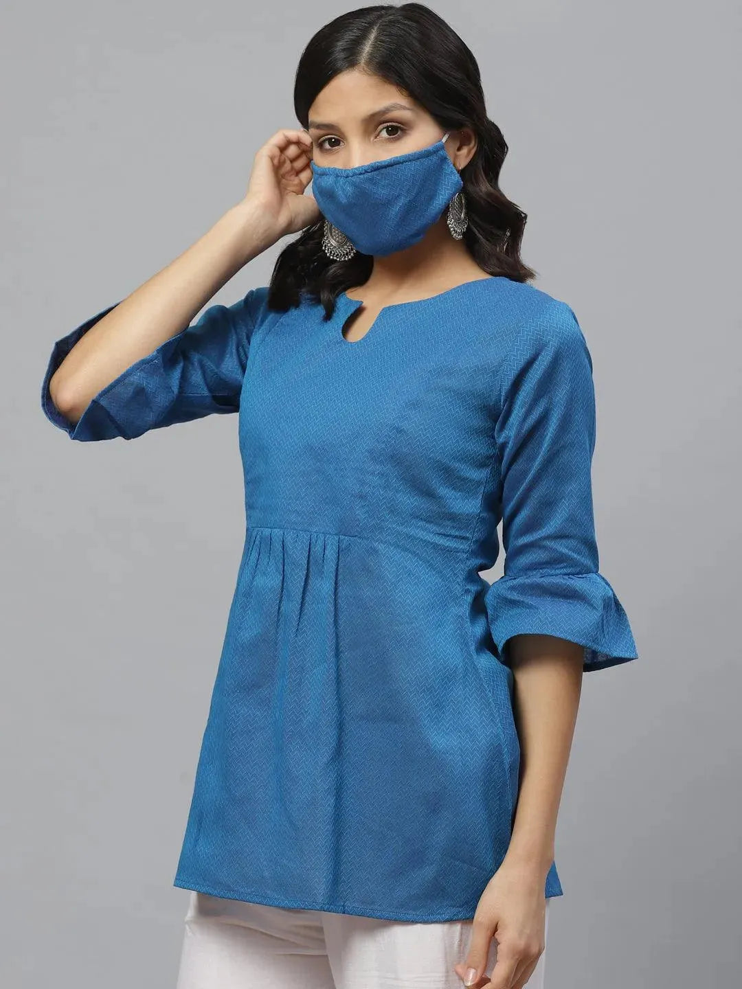 Anouk Blue Self Design Cotton Kurti With Mask