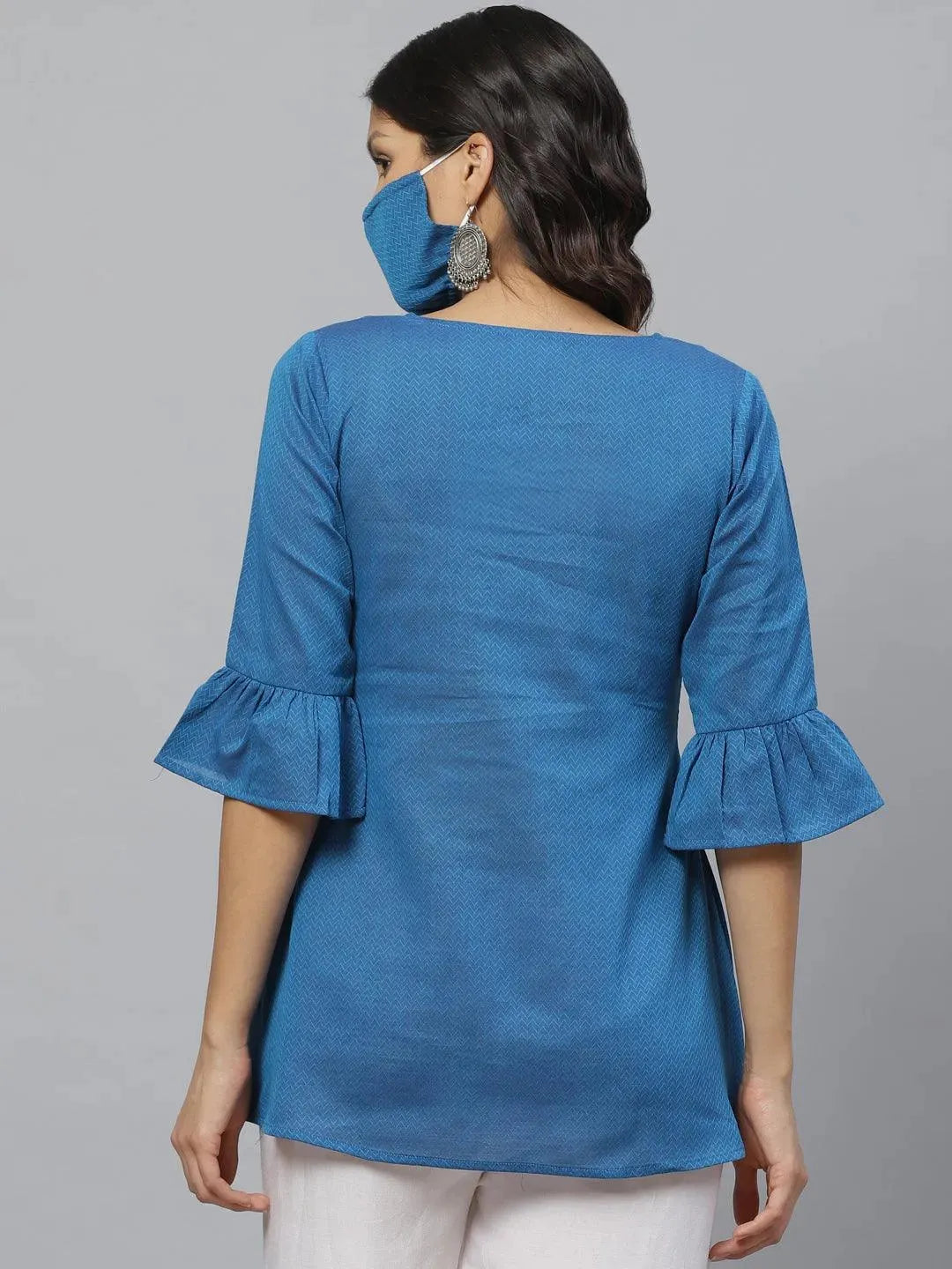 Anouk Blue Self Design Cotton Kurti With Mask