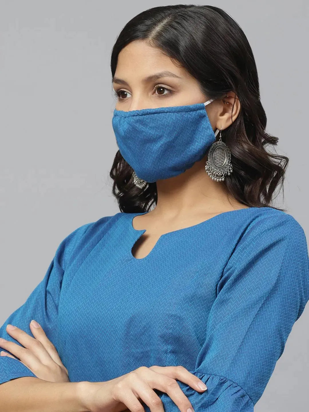 Anouk Blue Self Design Cotton Kurti With Mask