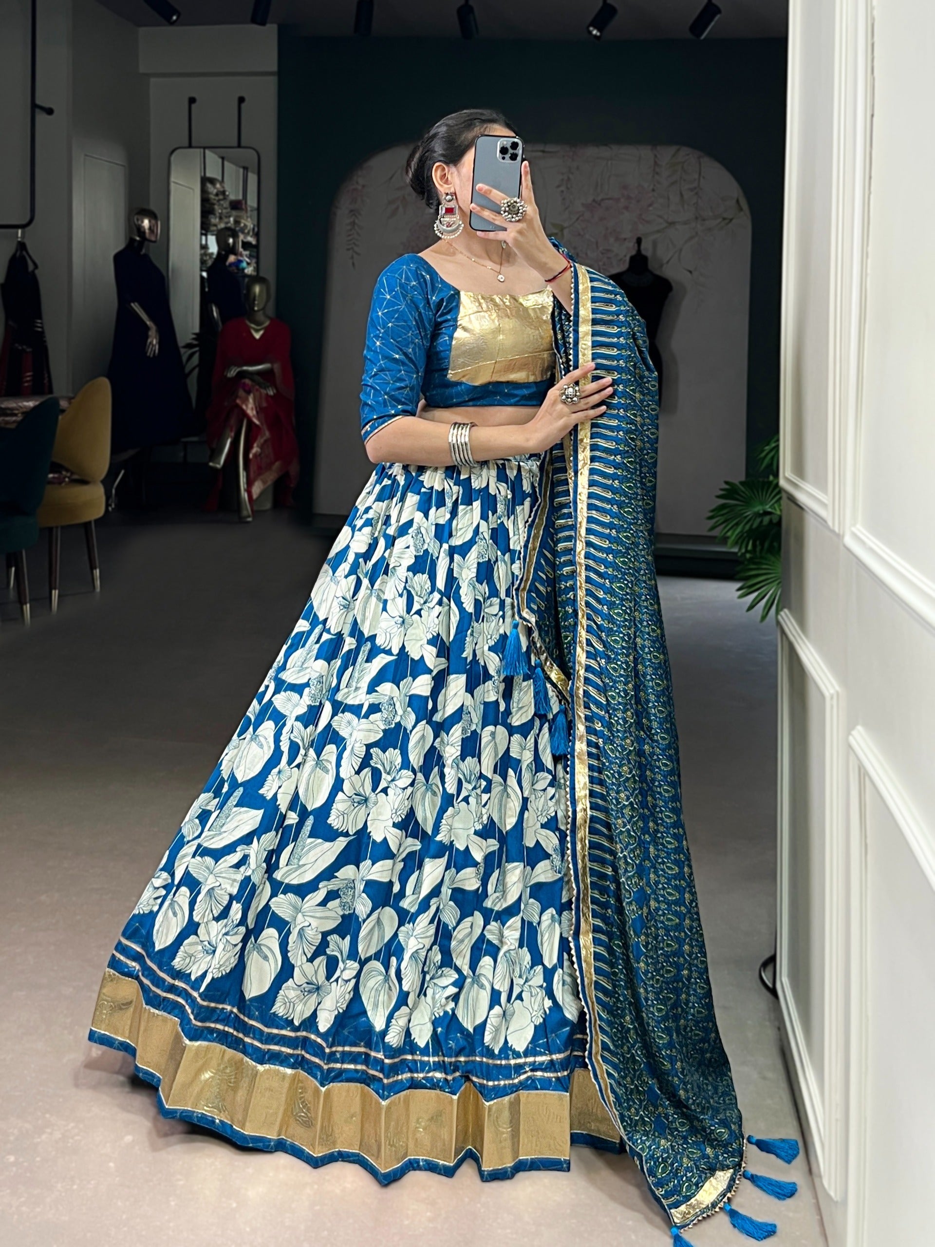 Blue Silk Lehenga Set with Foil Print