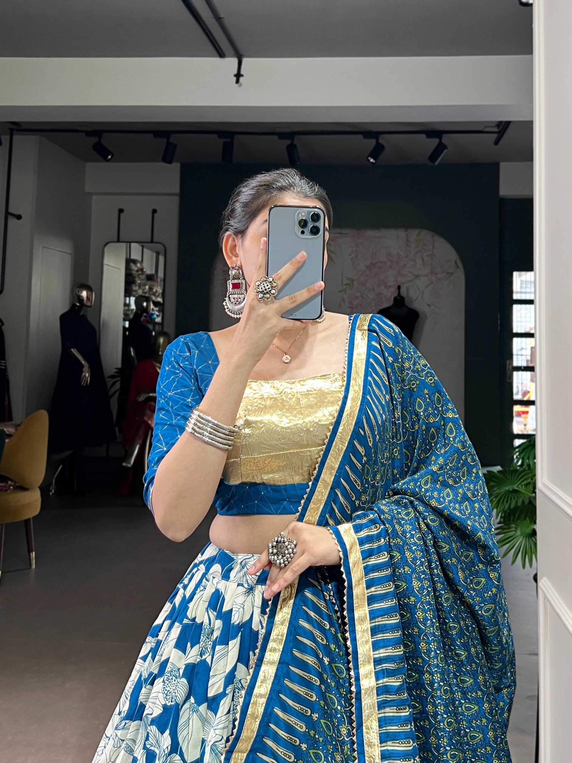 Blue Silk Lehenga Set with Foil Print