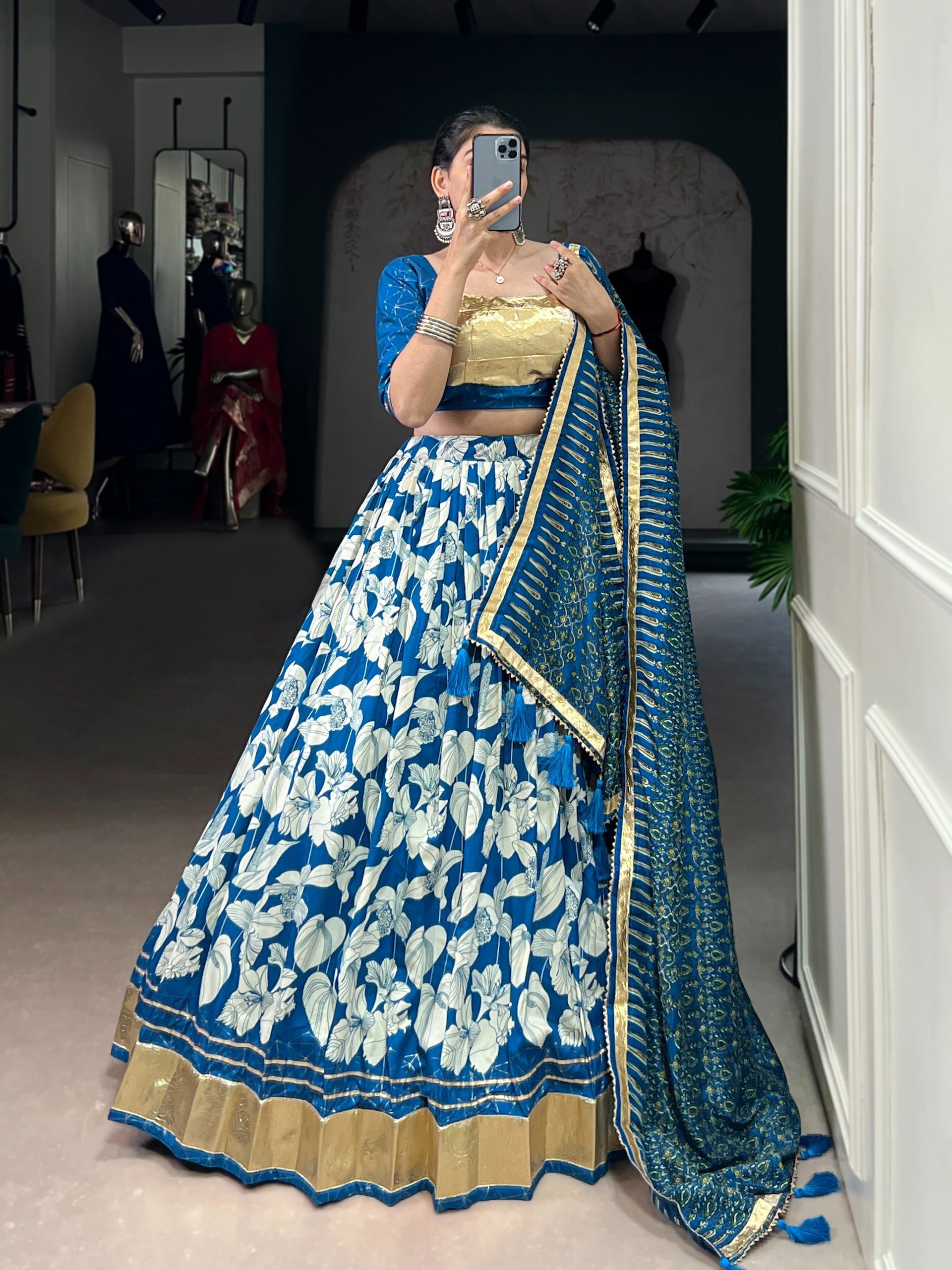 Blue Silk Lehenga Set with Foil Print