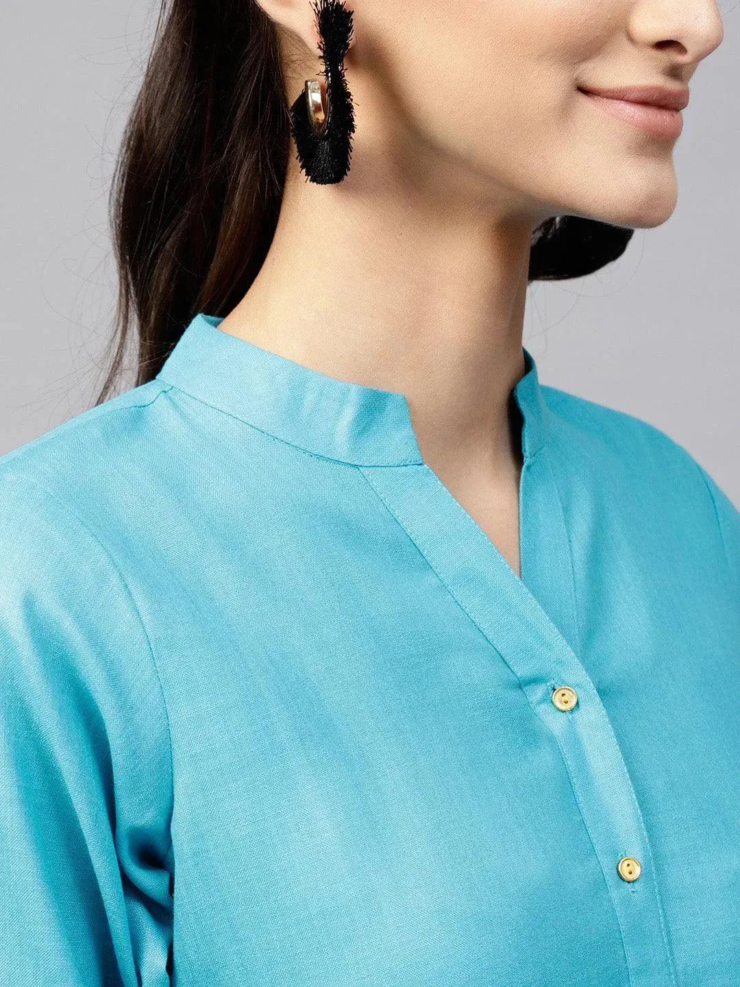 Anouk Blue Solid Cotton Kurta