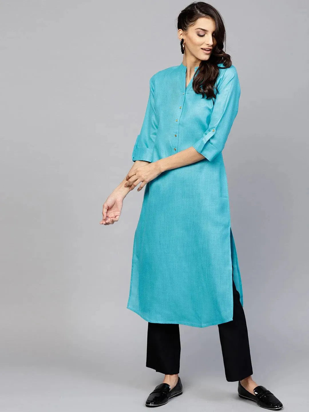 Anouk Blue Solid Cotton Kurta