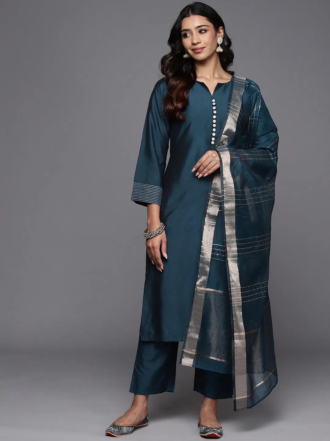 Anouk Blue Solid Silk Blend Straight Suit With Dupatta