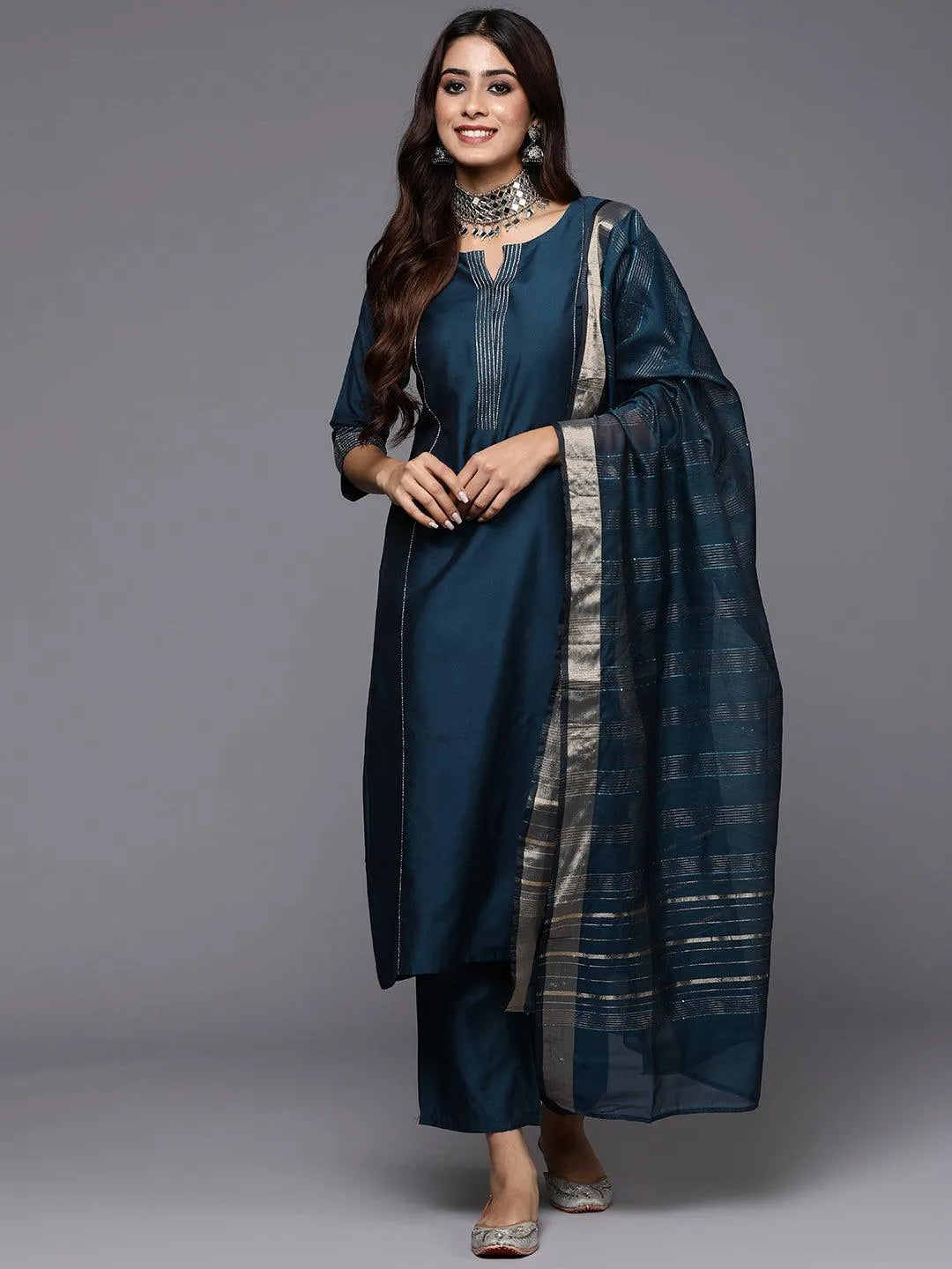 Anouk Blue Solid Silk Blend Straight Suit With Dupatta