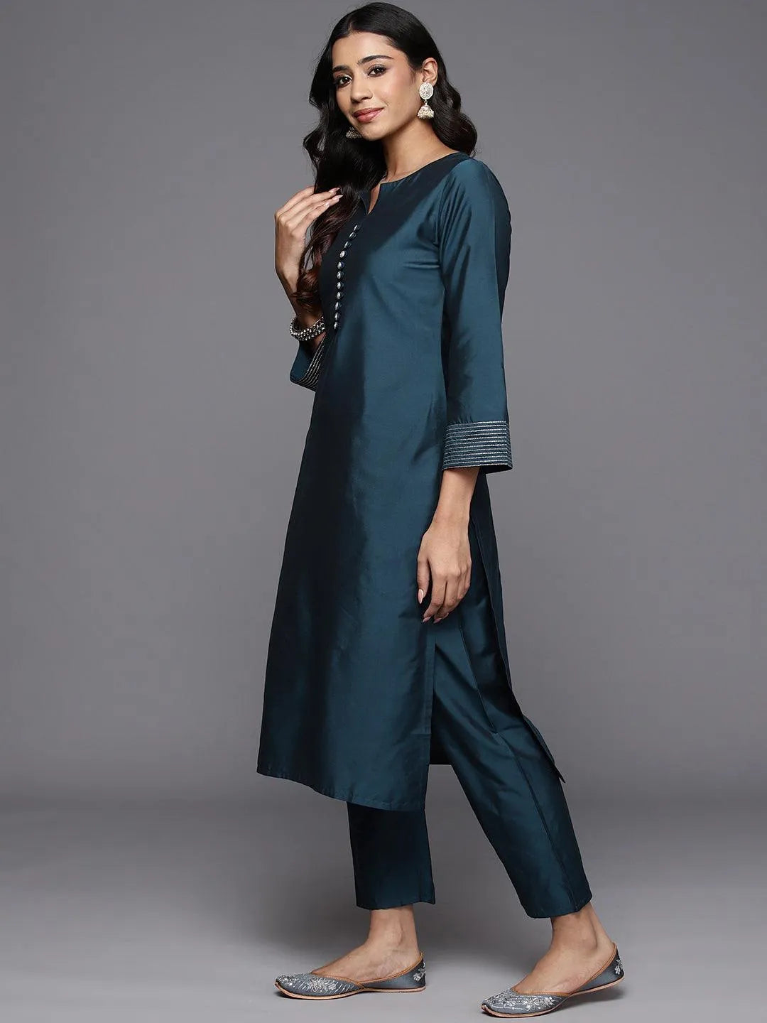 Anouk Blue Solid Silk Blend Straight Suit With Dupatta