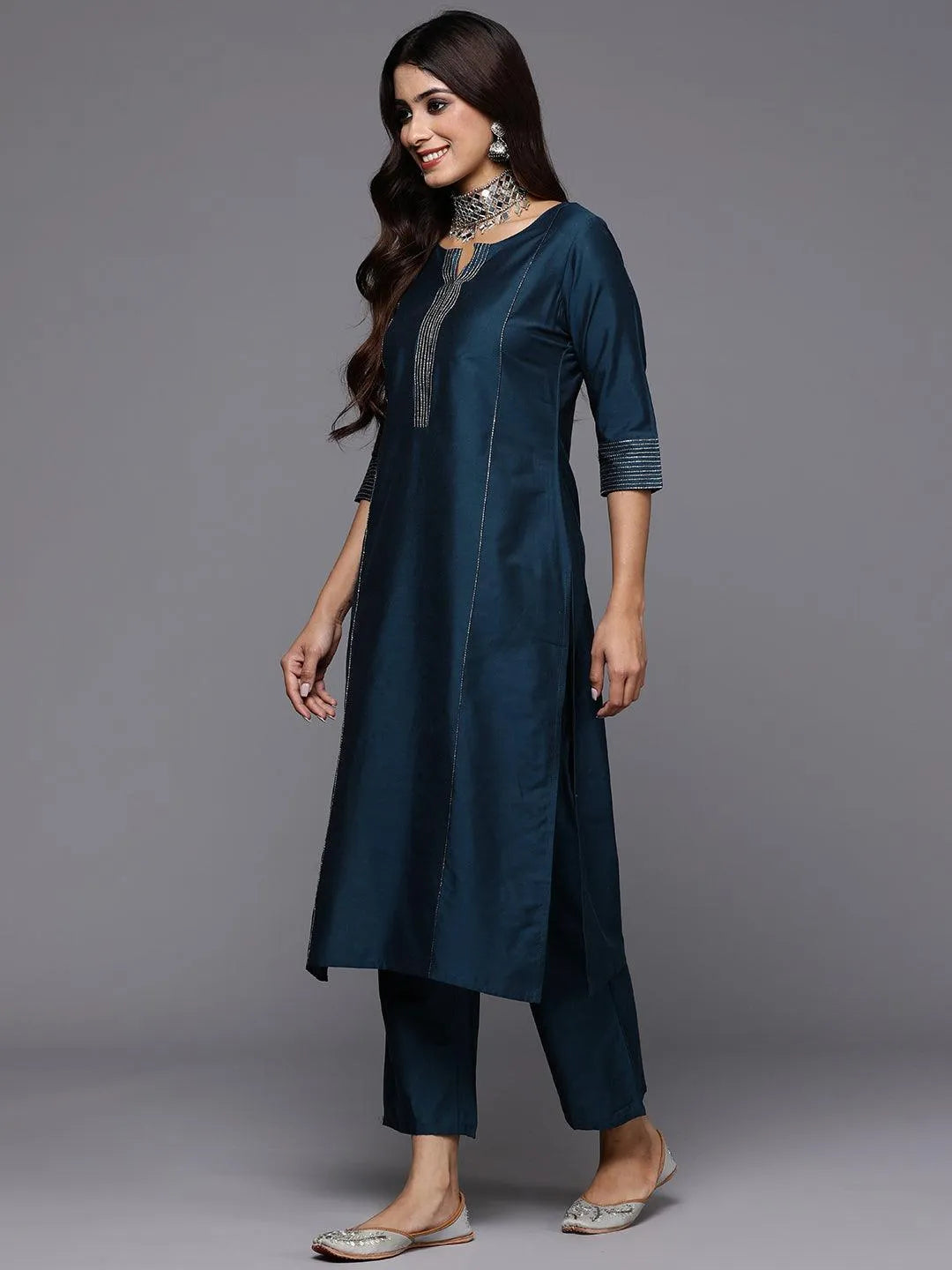 Anouk Blue Solid Silk Blend Straight Suit With Dupatta
