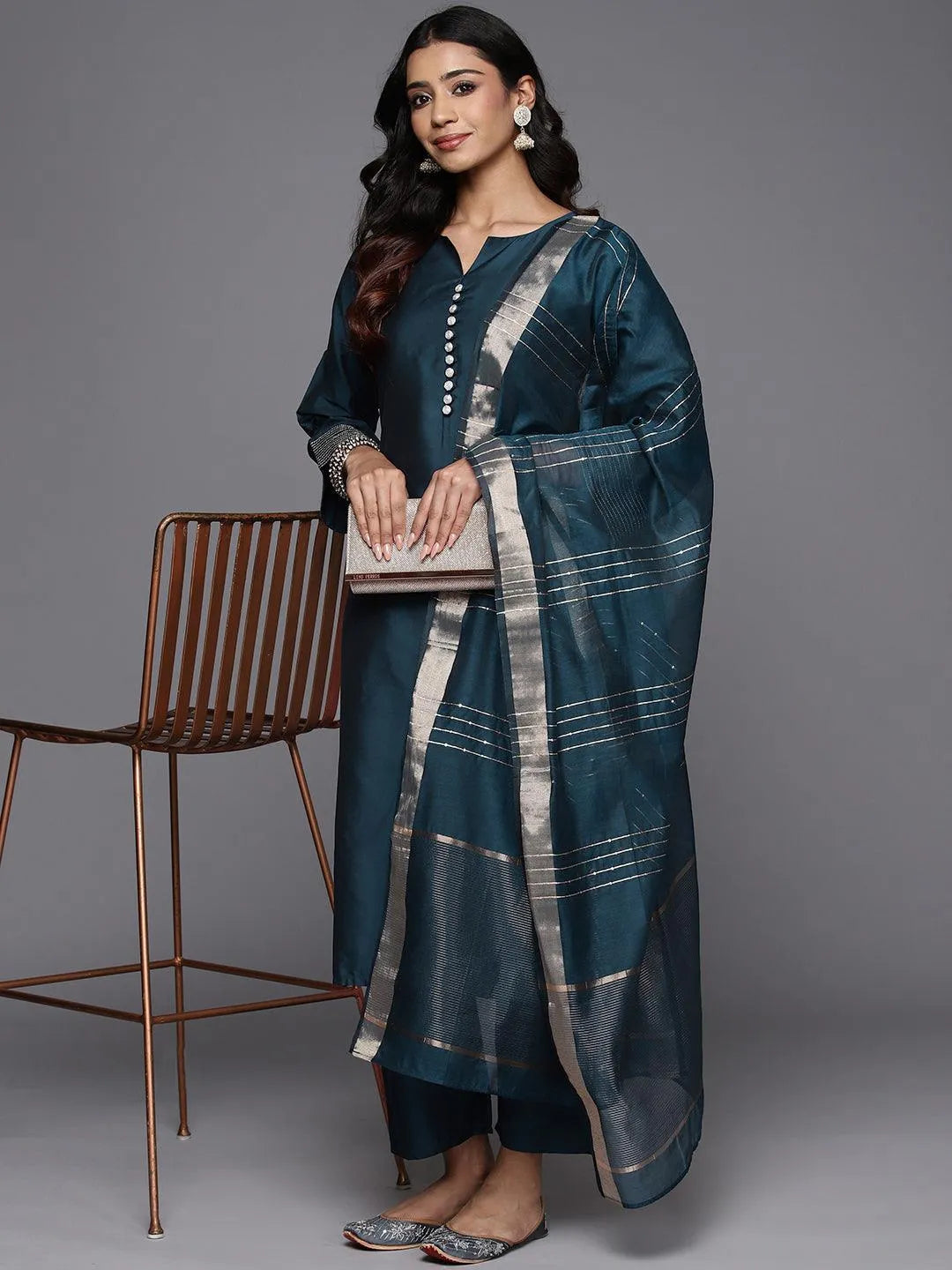 Anouk Blue Solid Silk Blend Straight Suit With Dupatta