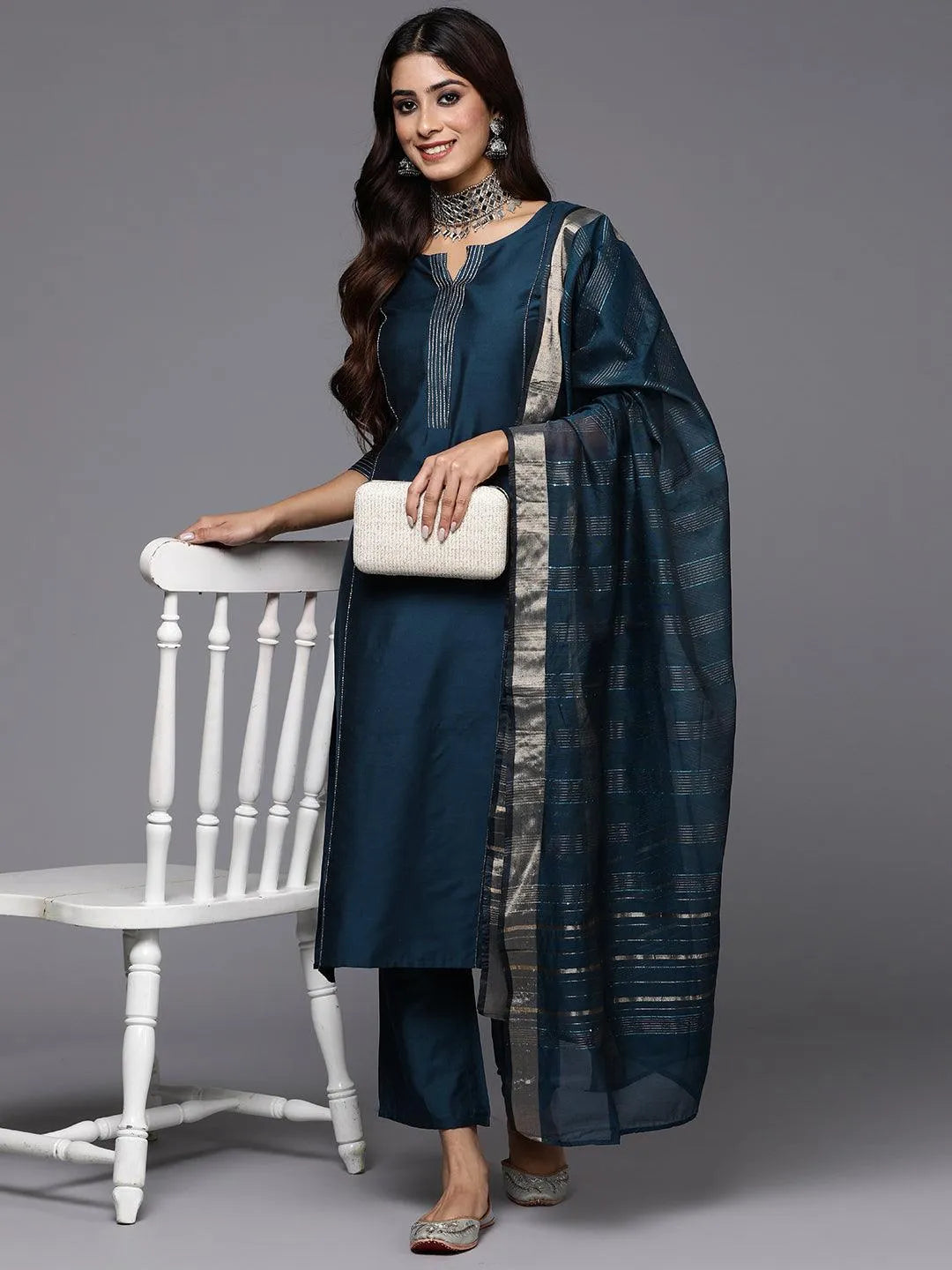 Anouk Blue Solid Silk Blend Straight Suit With Dupatta