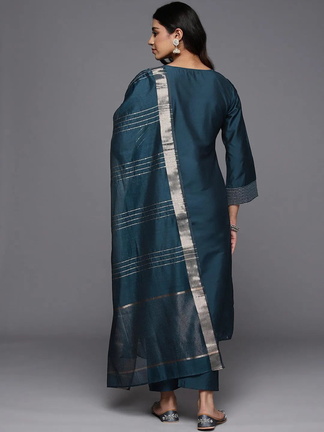 Anouk Blue Solid Silk Blend Straight Suit With Dupatta