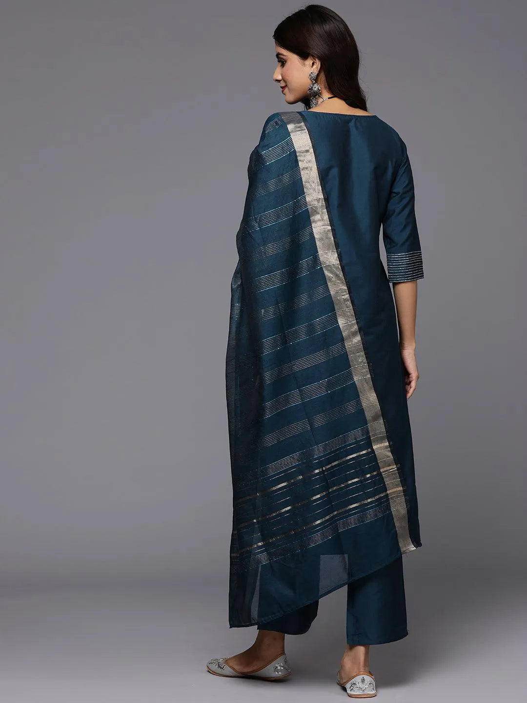 Anouk Blue Solid Silk Blend Straight Suit With Dupatta